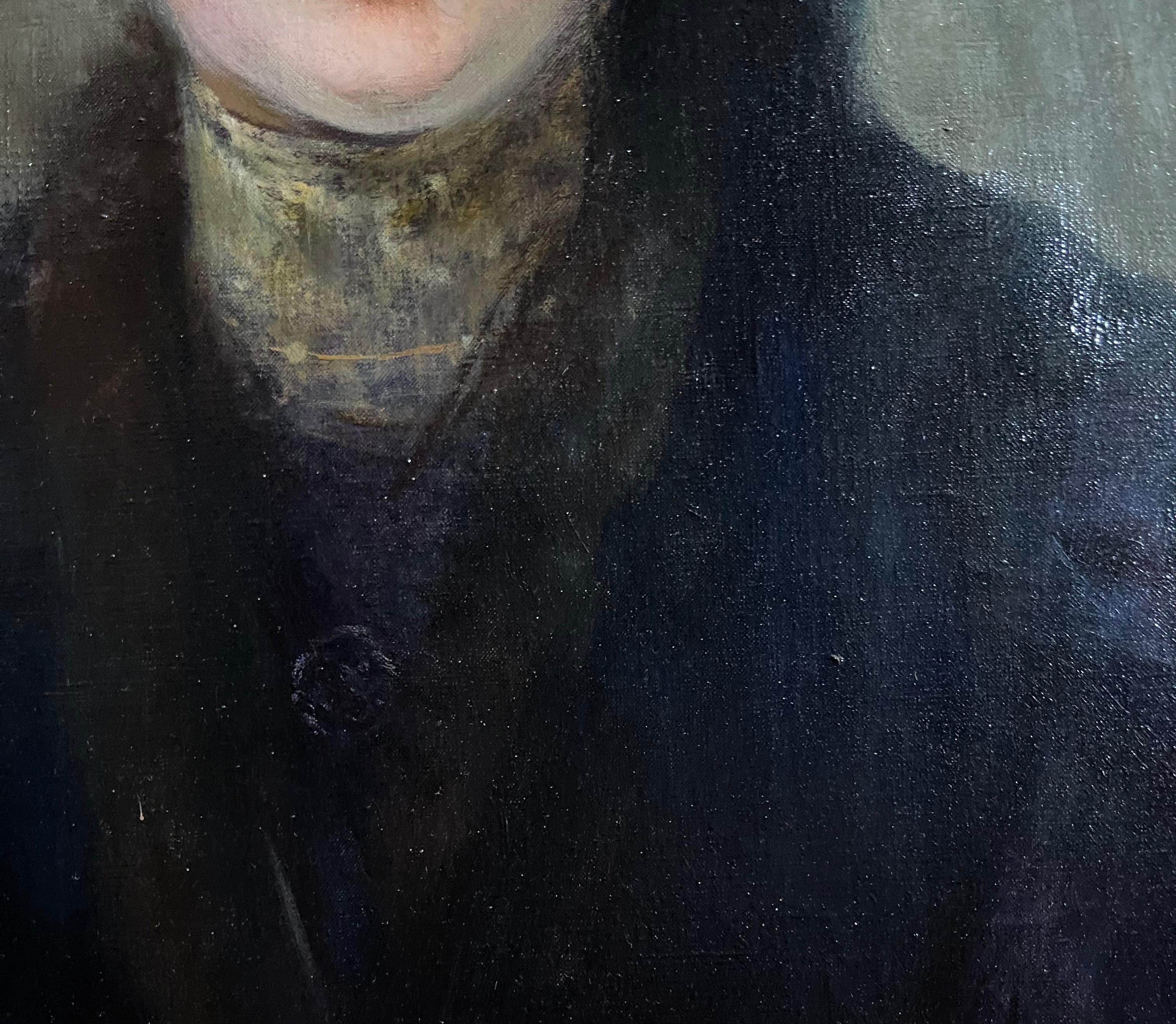 Hand-Painted Oil on canvas, Portrait Mademoiselle With a Hat 19th France Signed Julie Marest For Sale