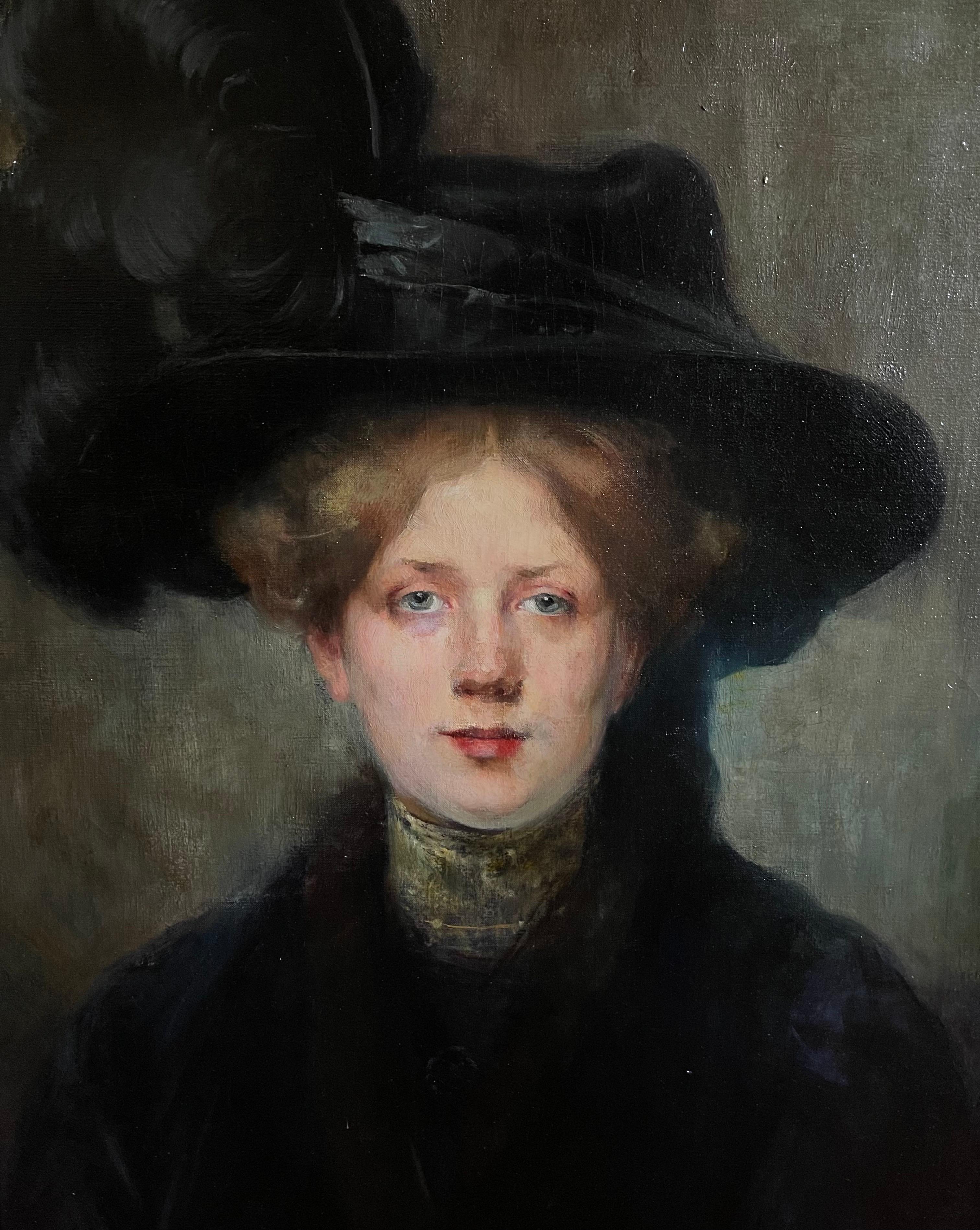 Oil on canvas, Portrait Mademoiselle With a Hat 19th France Signed Julie Marest In Good Condition For Sale In palm beach, FL