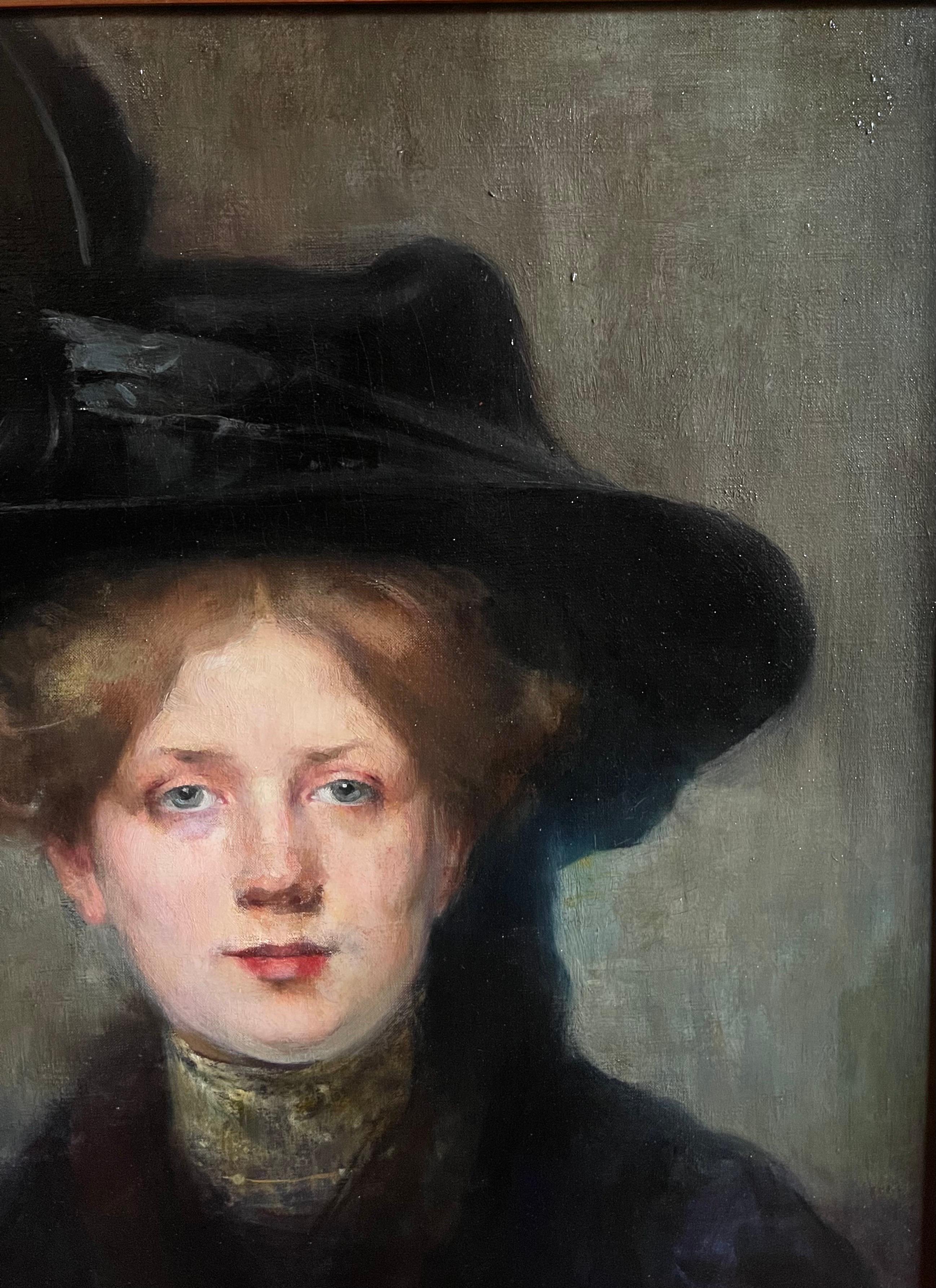 19th Century Oil on canvas, Portrait Mademoiselle With a Hat 19th France Signed Julie Marest For Sale