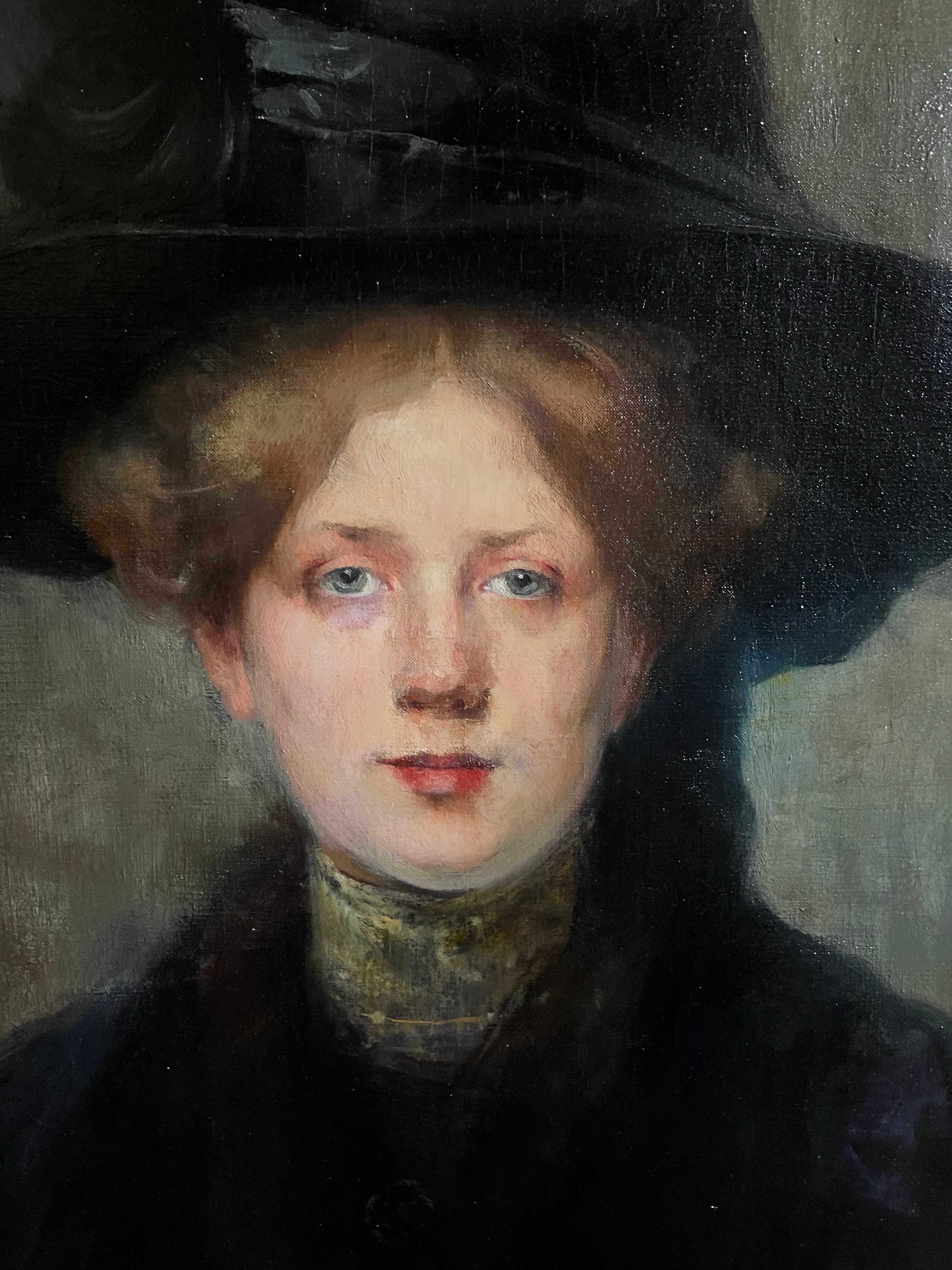 Canvas Oil on canvas, Portrait Mademoiselle With a Hat 19th France Signed Julie Marest For Sale