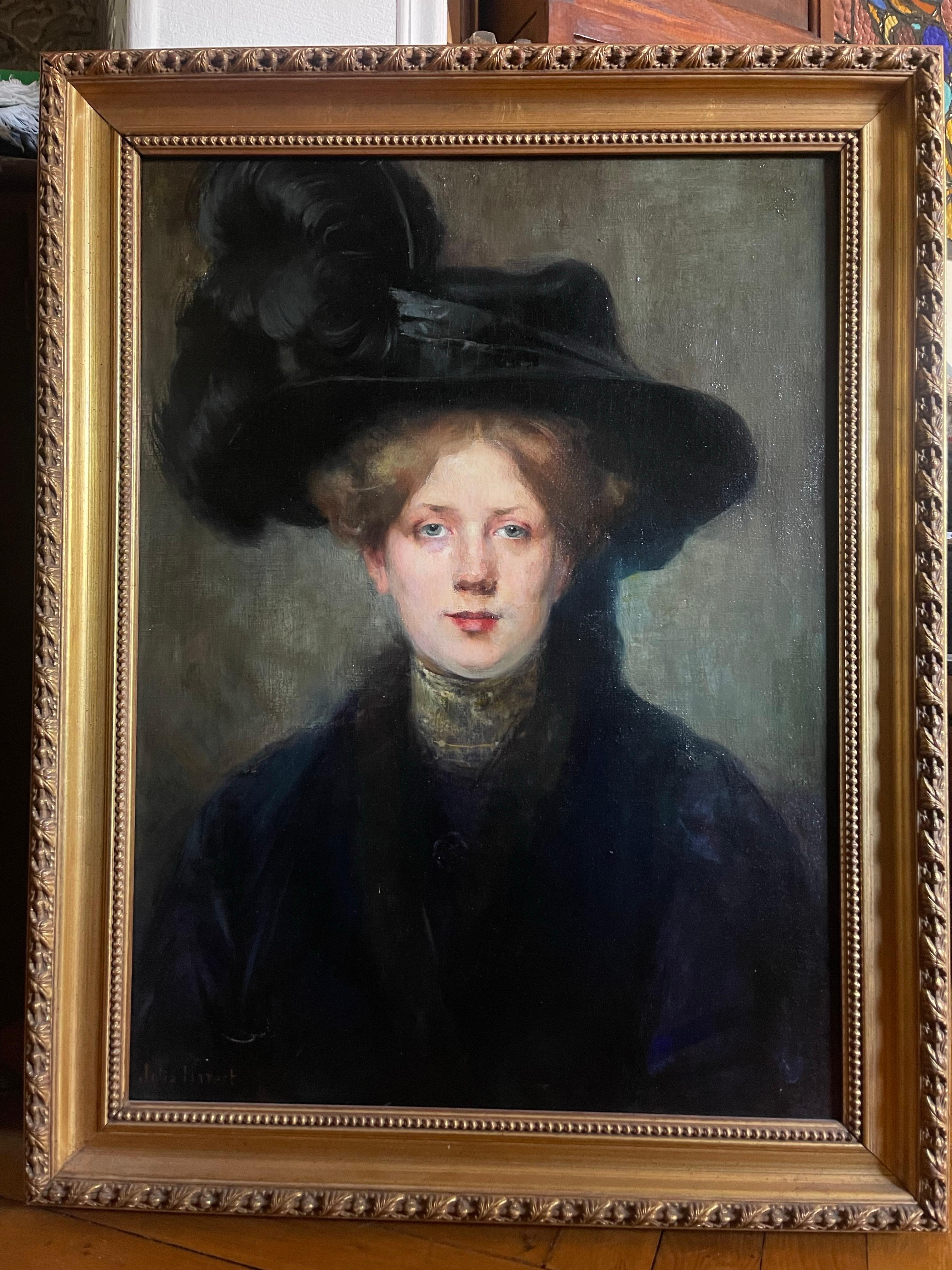 Oil on canvas, Portrait Mademoiselle With a Hat 19th France Signed Julie Marest For Sale 1