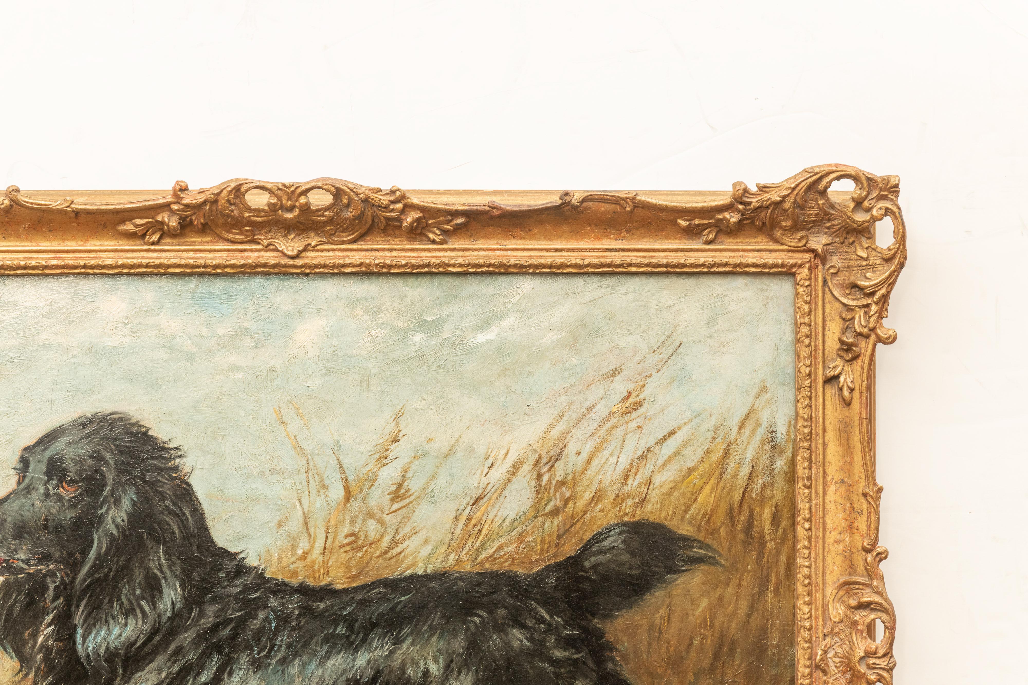 Oil on canvas. Portrait of a black spaniel with a duck by John Emms, (Blofield, Norfolk, 1841-1912) signed and dated lower right: JNP Emms / 95'
26