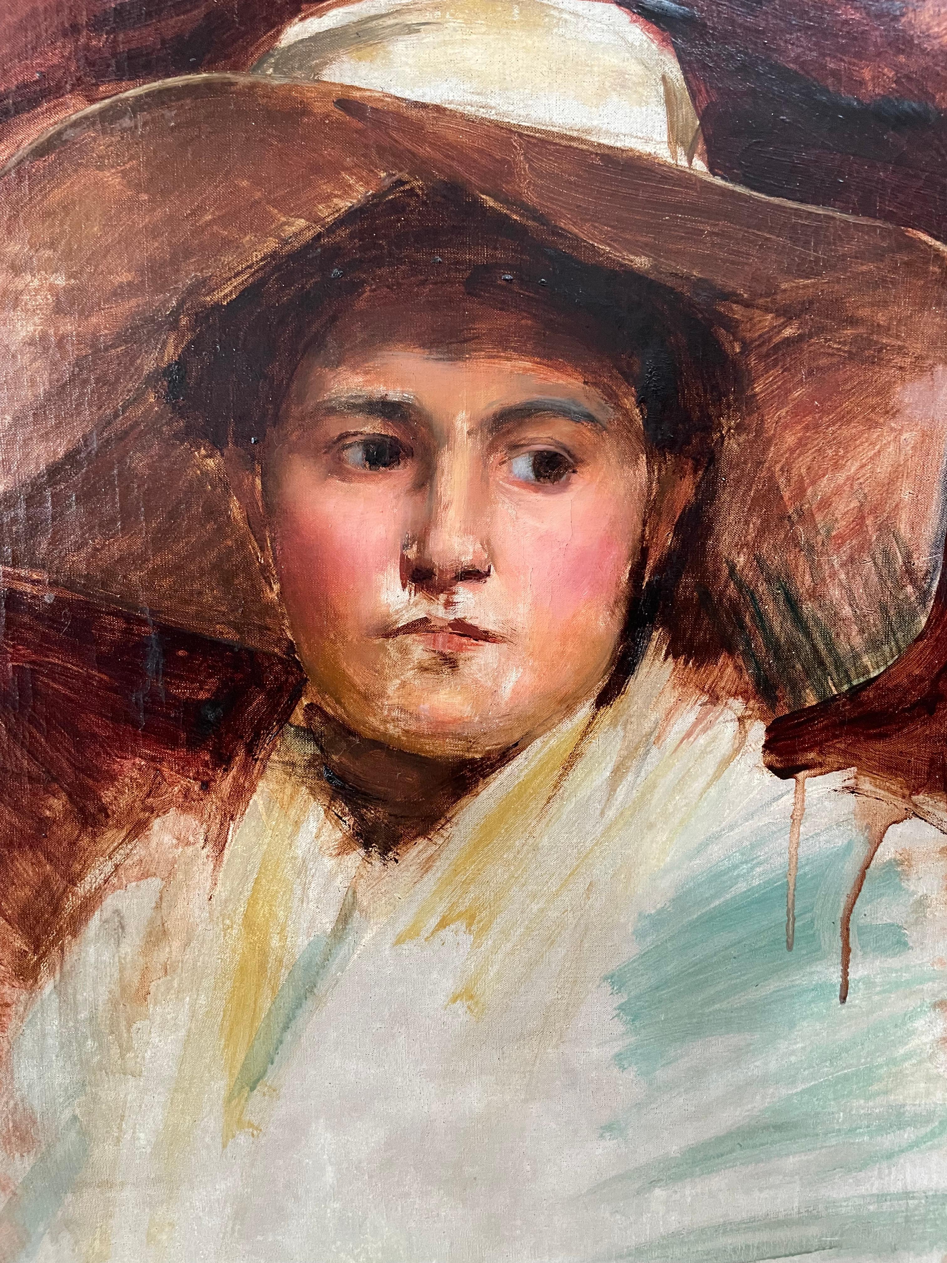 Huile sur toile fine 19ème Portrait d'une jeune paysanne portant un chapeau, la particularité de son tableau est qu'il n'a pas été complètement exécuté notamment au niveau de sa chemise. L'expression du look dévoile le charisme du modèle. Et le
