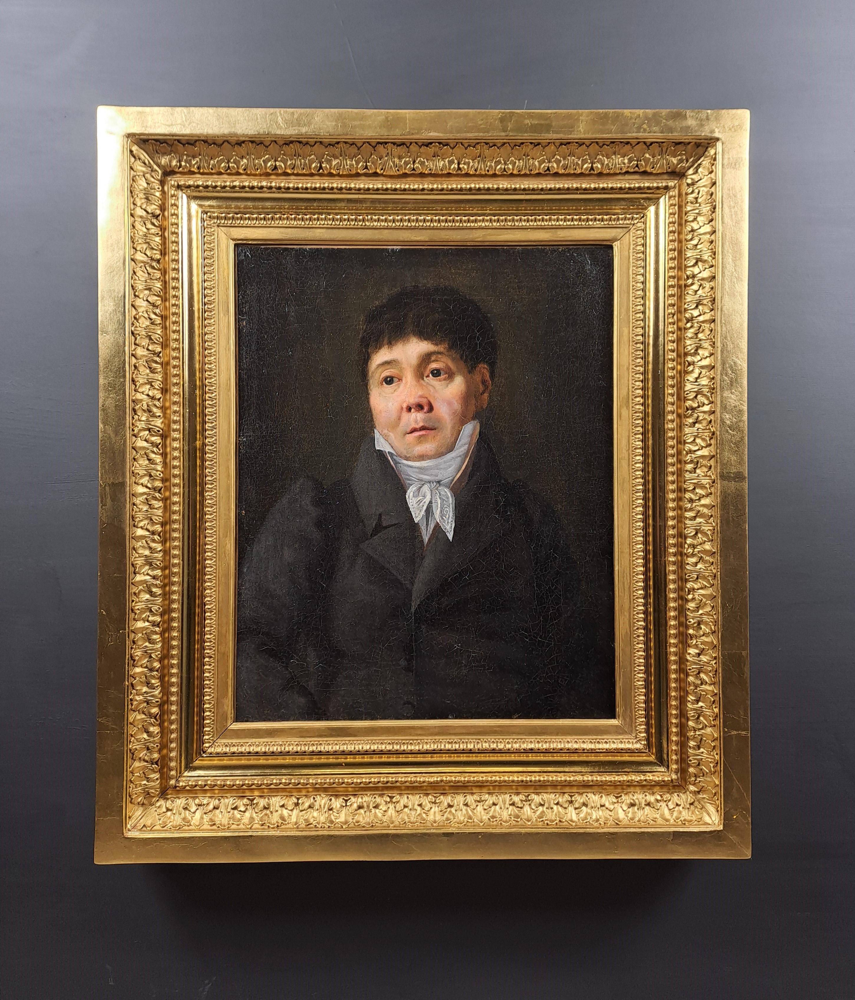 Portrait of a man with unsightly features and sad and melancholy looks.

Beautiful atypical work, very brilliantly executed.

In an old frame entirely gilded with gold leaf.

Very good condition