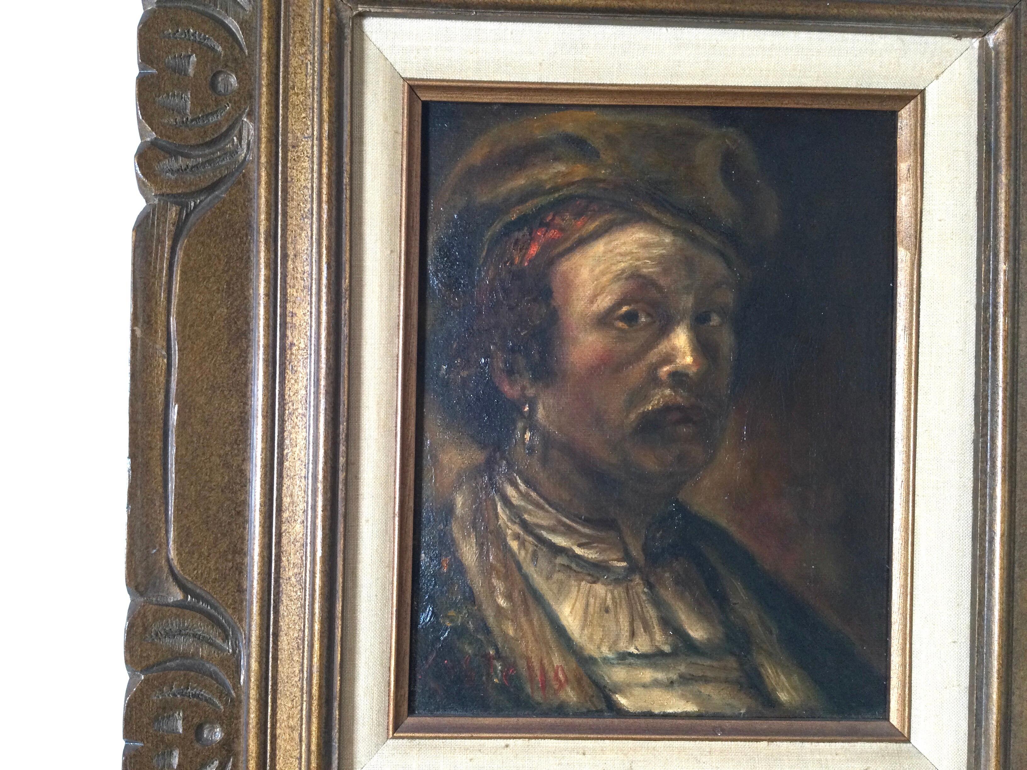 Oil painting of a medieval man with drop earing, signed on lower corner Costello. Original caved wood Frame. Circa 1950's. Framed 17.5 tall, 15.5 wide, unframed 10 tall, 8 wide.