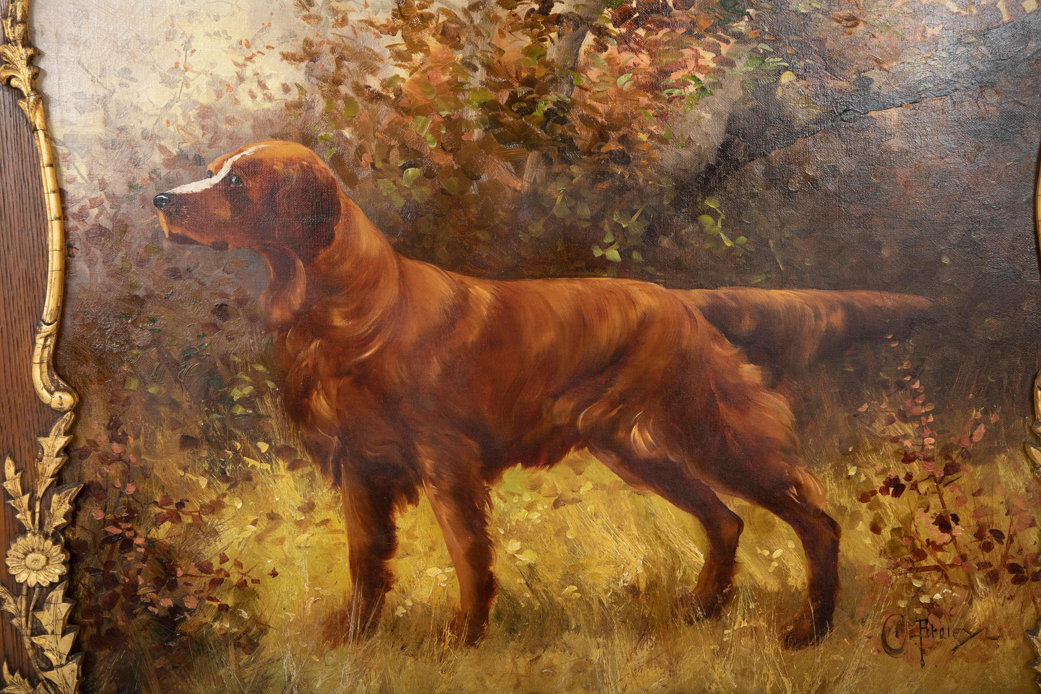 Baroque Oil on Canvas Portrait of a Setter or Golden Retriever Signed Clarence E. Braley For Sale