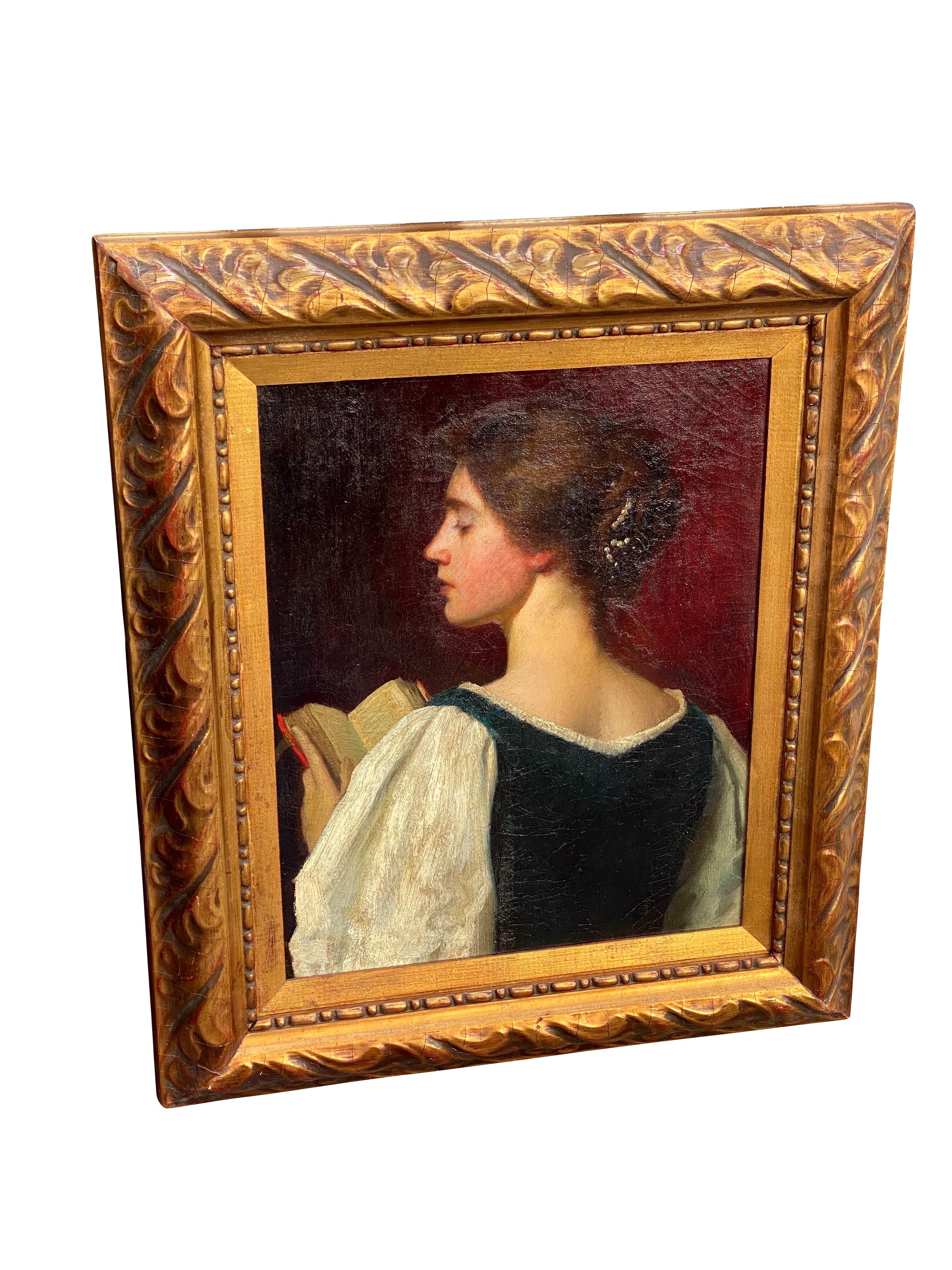 Depicting an attractive young girl standing holding a book. Boston artist Major studied at the Corcoran Gallery Of Art and the Art Student League of New York where he studied with William Merritt Chase. He won a Panama-Pacific International