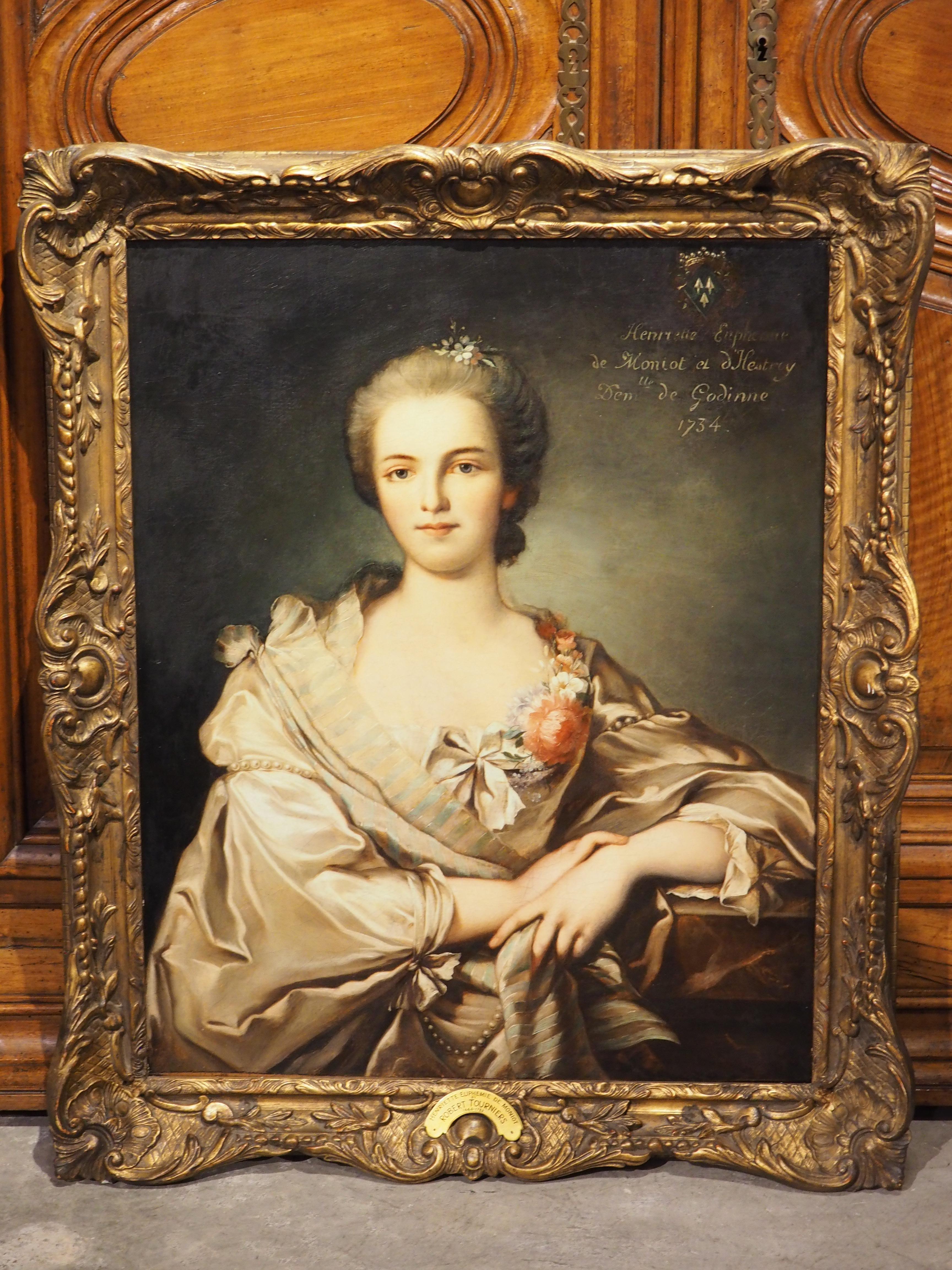 French Oil on Canvas Portrait of Henriette Euphemie de Moniot by Robert Tourniers, 1734