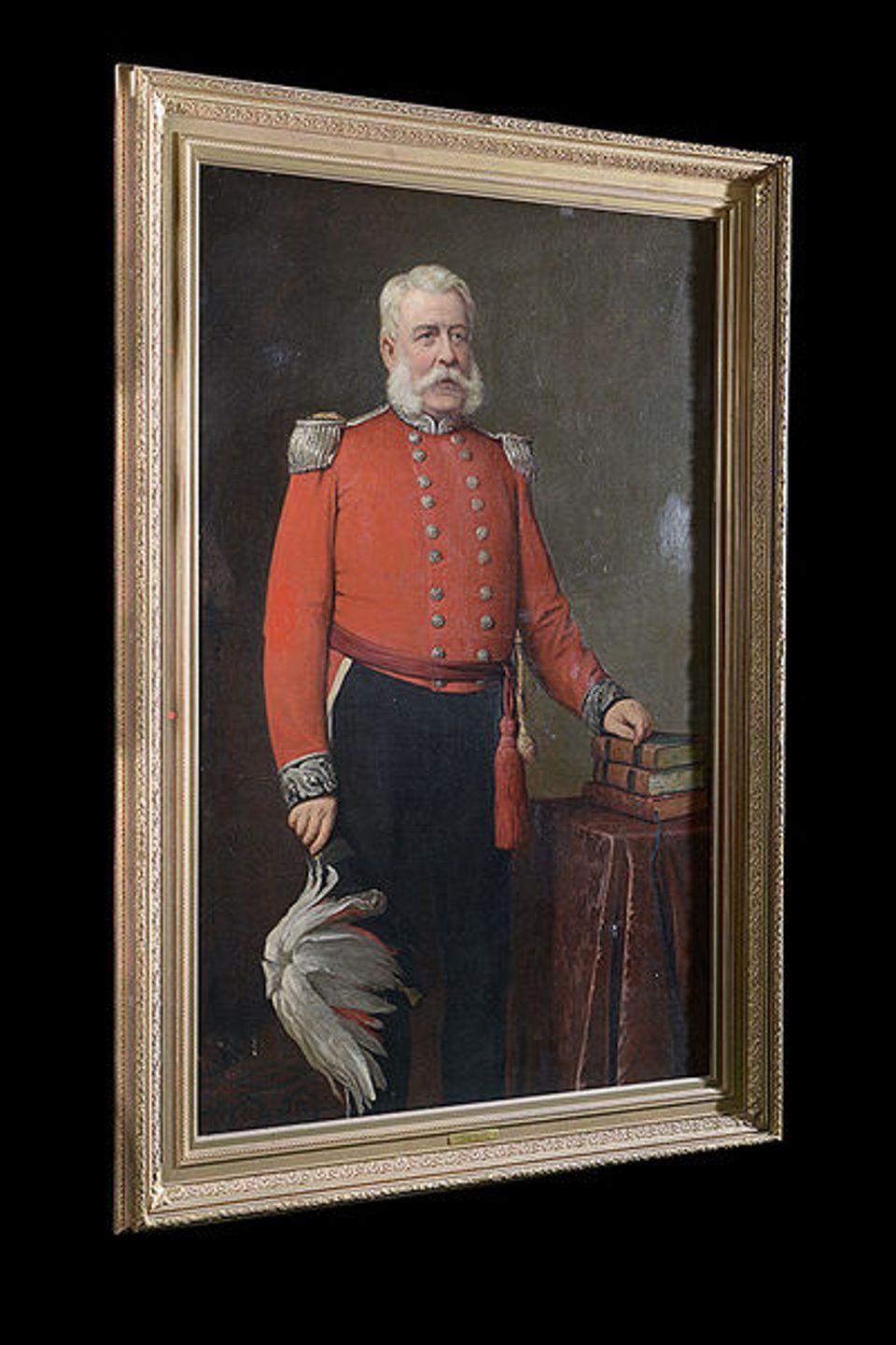 A fine late Victorian, three quarter length oil on canvas portrait of John Lindsay Scott.
The subject, in full military uniform, stands to the side of a table, his hand resting on three books placed on the top.
The whole in a carved giltwood frame.