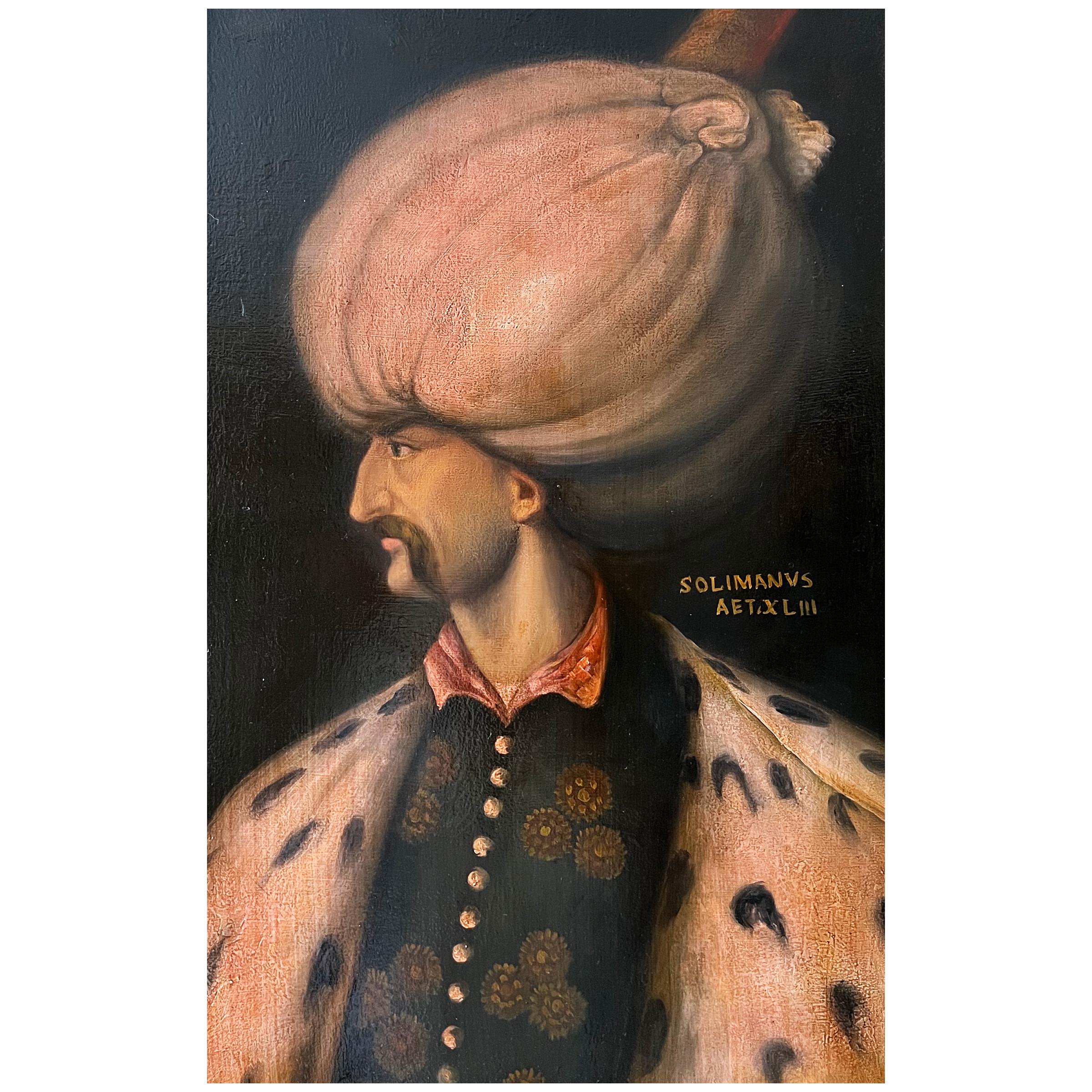Oil On Canvas Portrait Of Ottoman Sultan Suleiman The Magnificent, Late 19th / Early 20th Century

A fine portrait of Suleiman the Magnificent, a prominent Sultan of the Ottoman Empire. The painting features Suleiman wearing a large, ornate turban