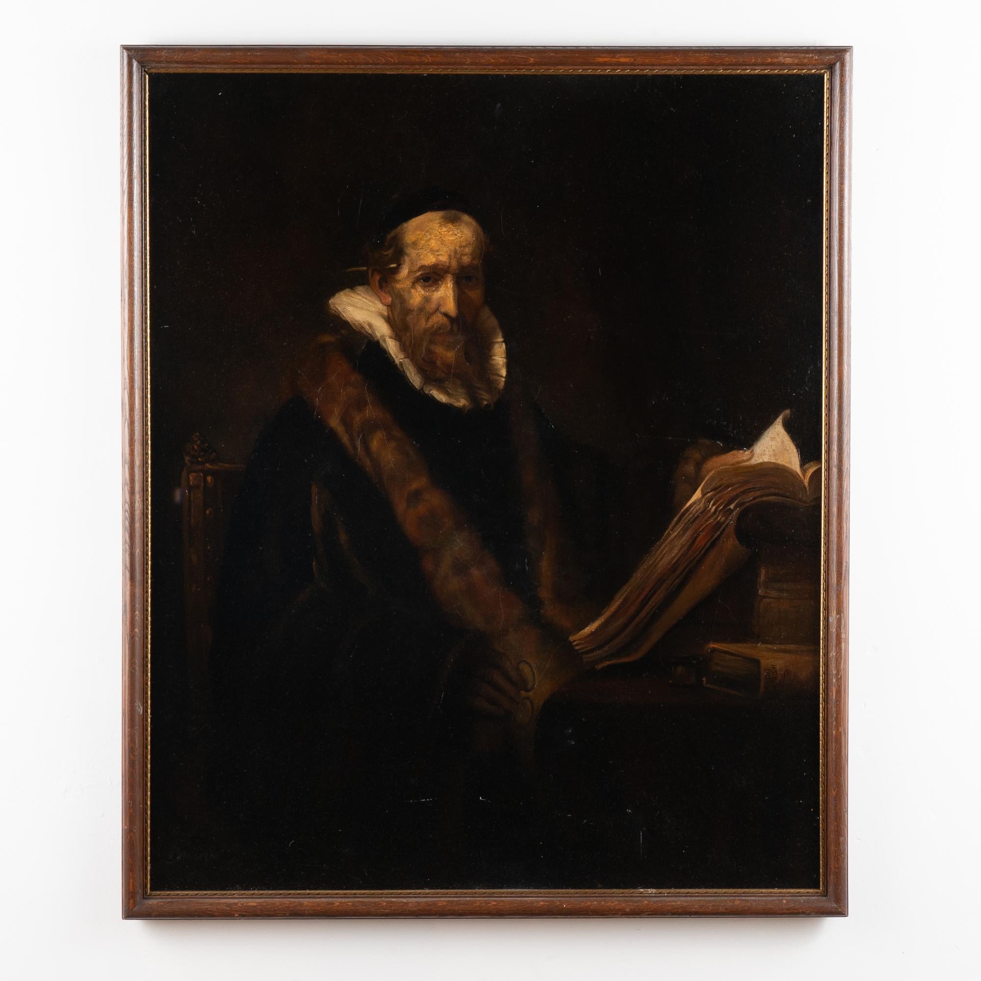 Beeindruckendes 4' hohes Porträt eines Gelehrten, möglicherweise Jan Cornelisz Sylvius, vom Künstler Franz Josef Blaschke.
Signiert Blaschke und datiert 1952. Nach einem Bildnis aus der Werkstatt von Rembrandt. Das besagte Gemälde befindet sich im