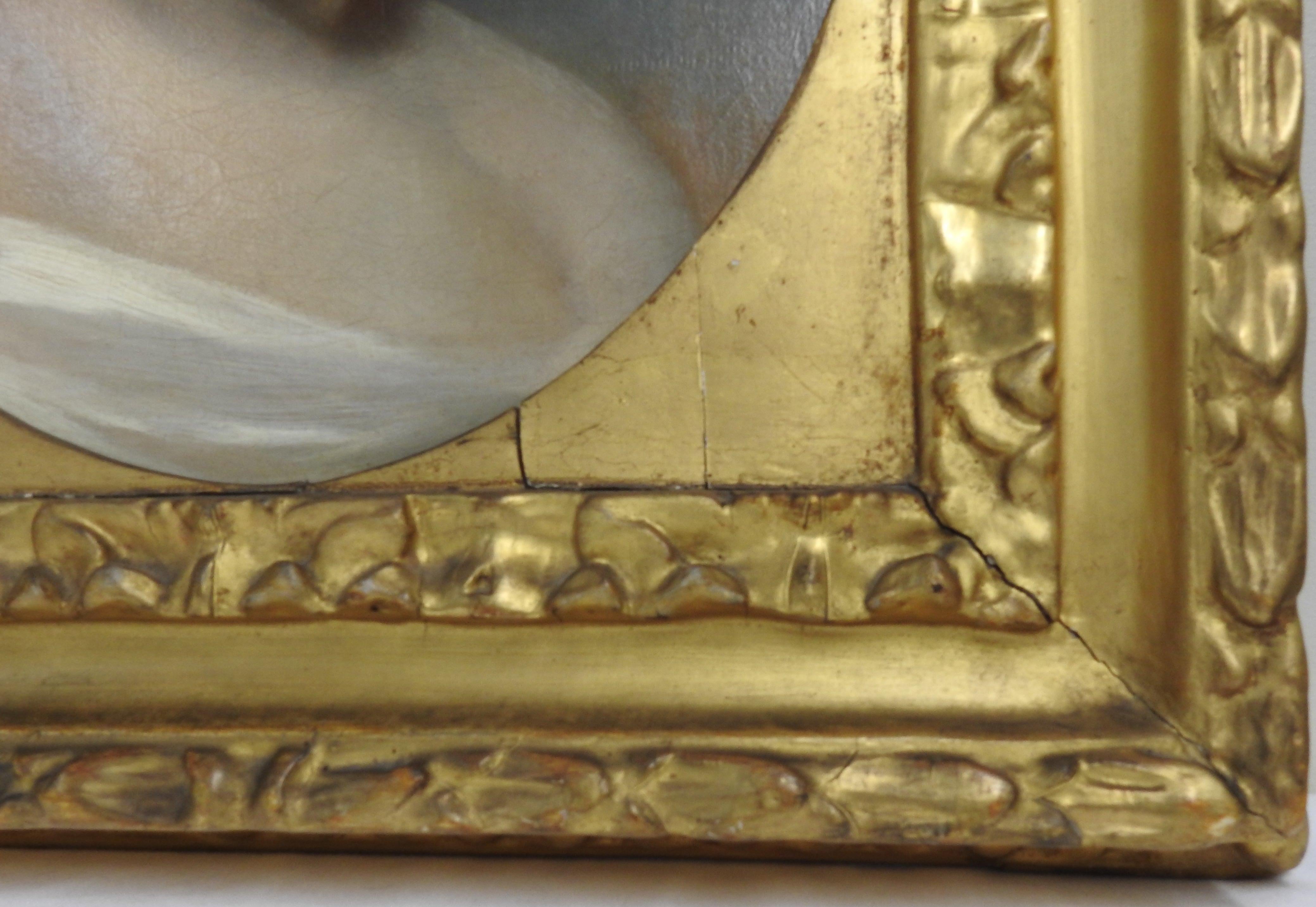 A sweet little girl from the School of Sewanee will be lovely in your home with her nice smile gazing at you. She is hand painted in oil on canvas and is mounted in a giltwood frame. She has been nicely framed and finished in the back with a fabric