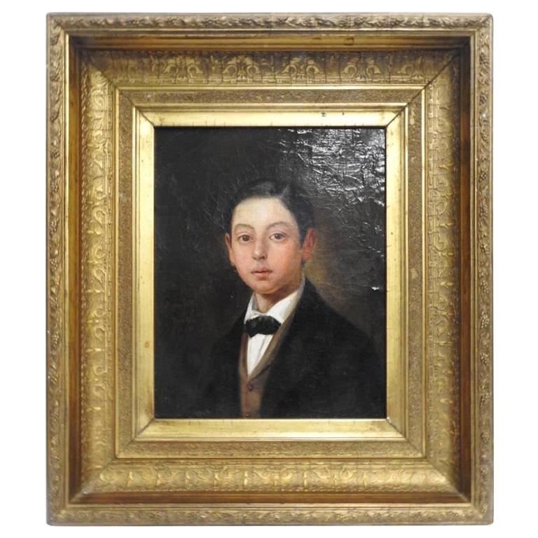 Oil on Canvas Portrait of Young Man in Gilt Frame For Sale