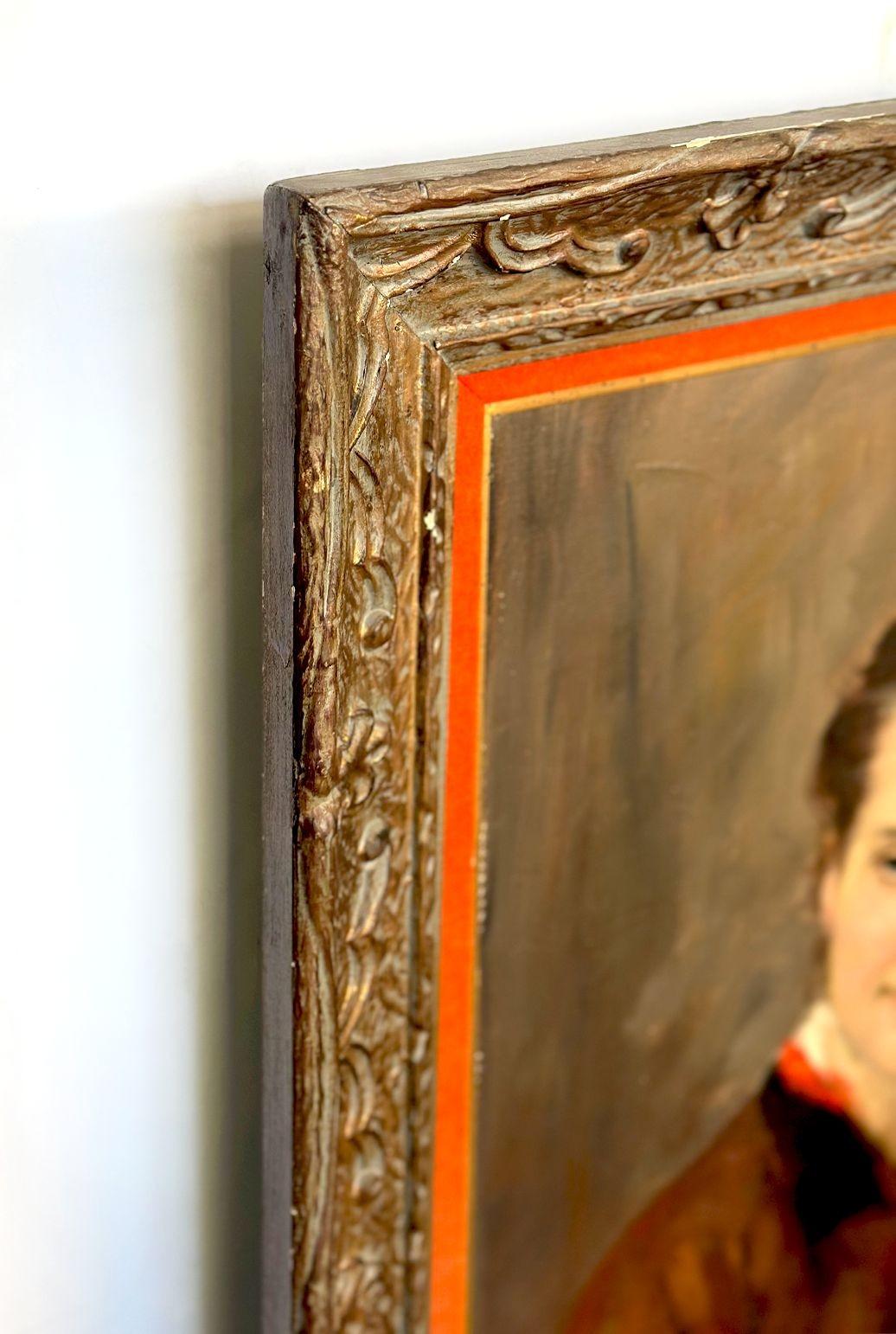 An alluring oil on canvas portrait depicting a beautiful young woman decorating her hair with a red lace. Made by Lajos Rezes Molnár (Hungarian 1896-1989). She appears to be on a room setting, well you can distinguish some abstract vanity items on