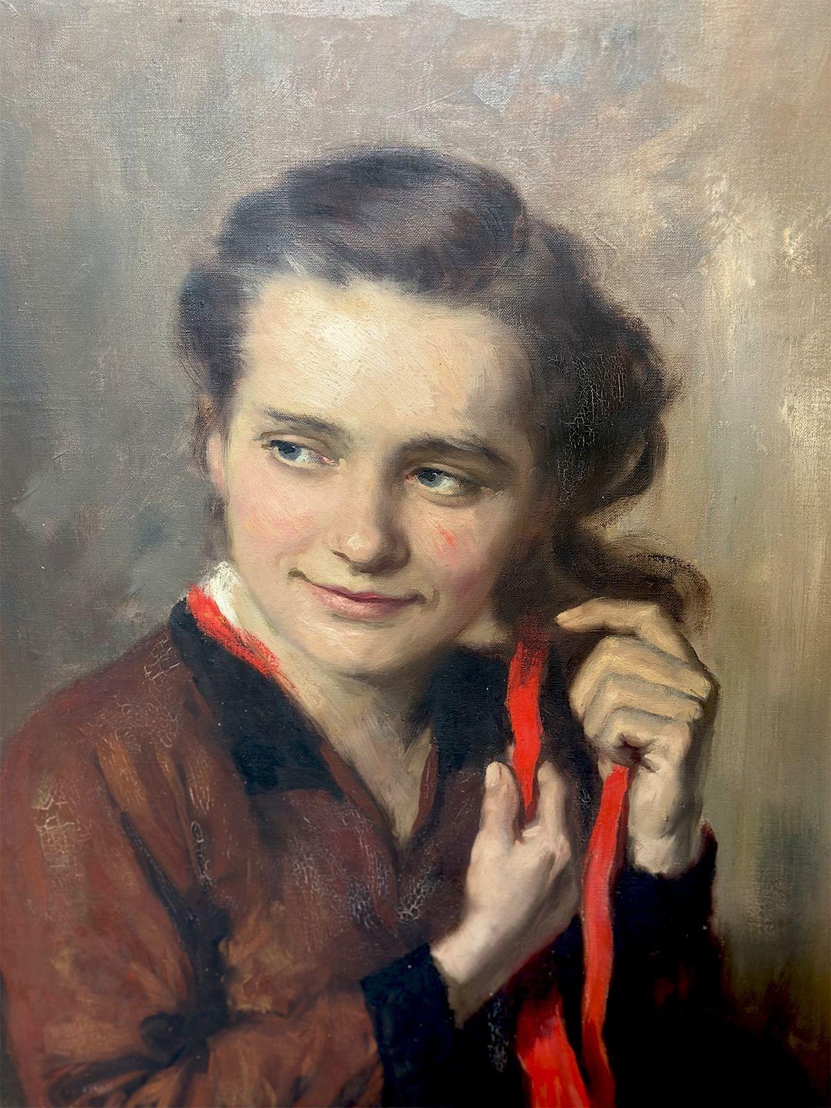 Hungarian Oil on Canvas Portrait of Young Woman by R. Molnár For Sale