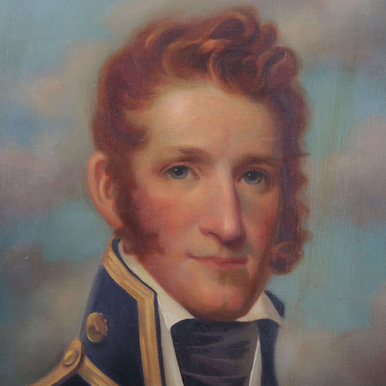 An oil on canvas portrait painting by Clayton Braun depicts commodore Thomas McDonough in uniform, signed lower right and seated in giltwood frame, deaccessioned from University Art Gallery, State University of New York at Binghamton, circa