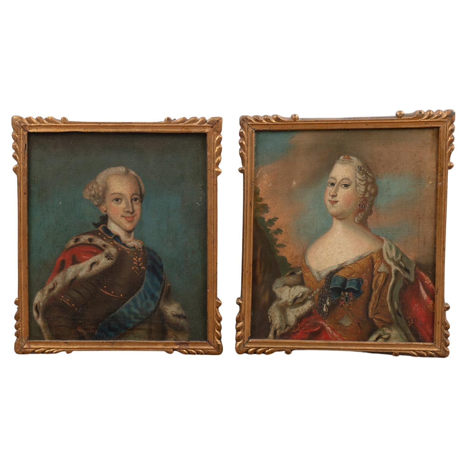 Oil on Canvas Portraits King Fredrik V & Queen Louise, Denmark circa 1780 For Sale