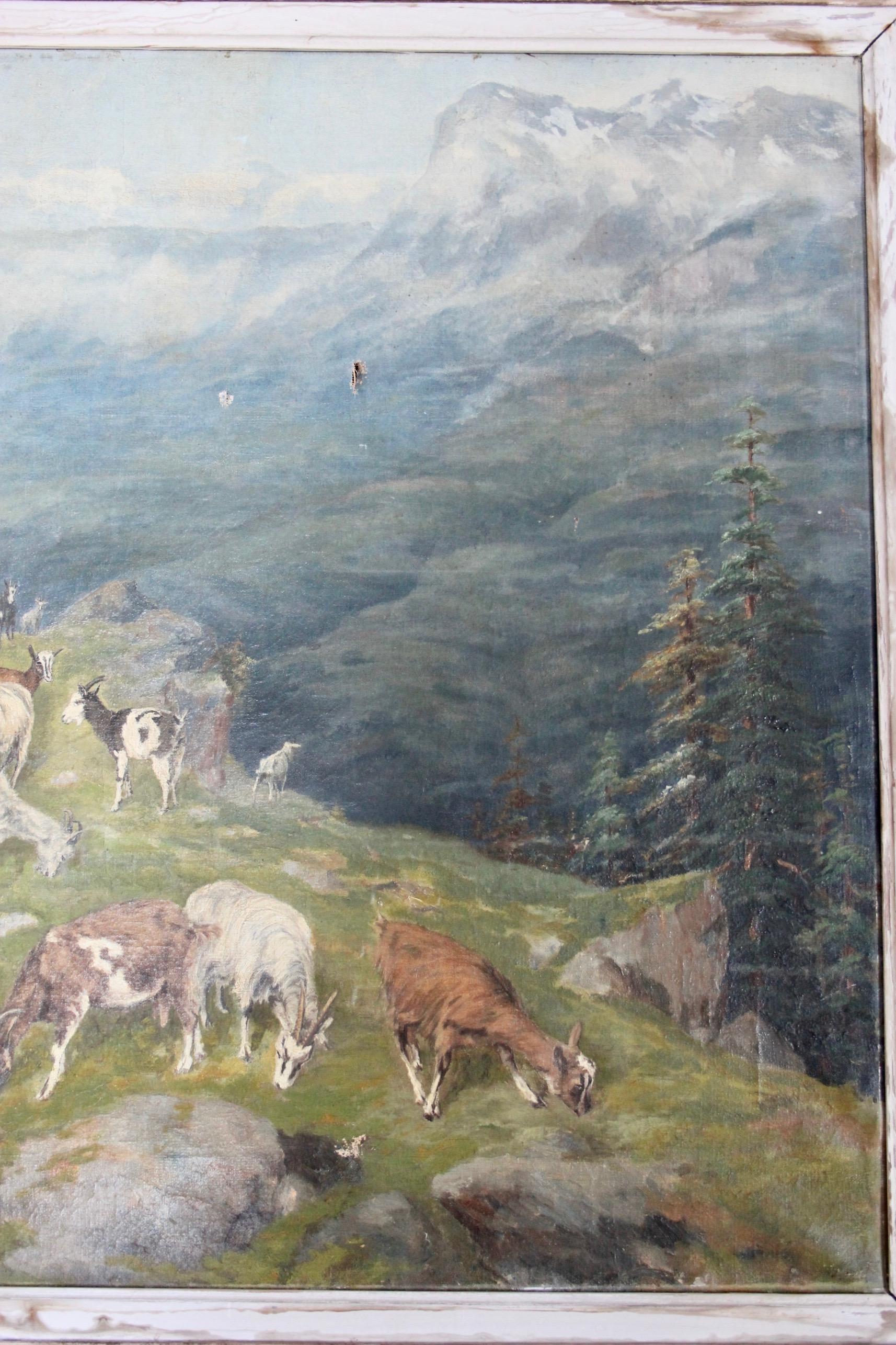 Öl auf Leinwand mit der Darstellung einer Ziegenherde und eines Hirten in den Alpen im Angebot 5