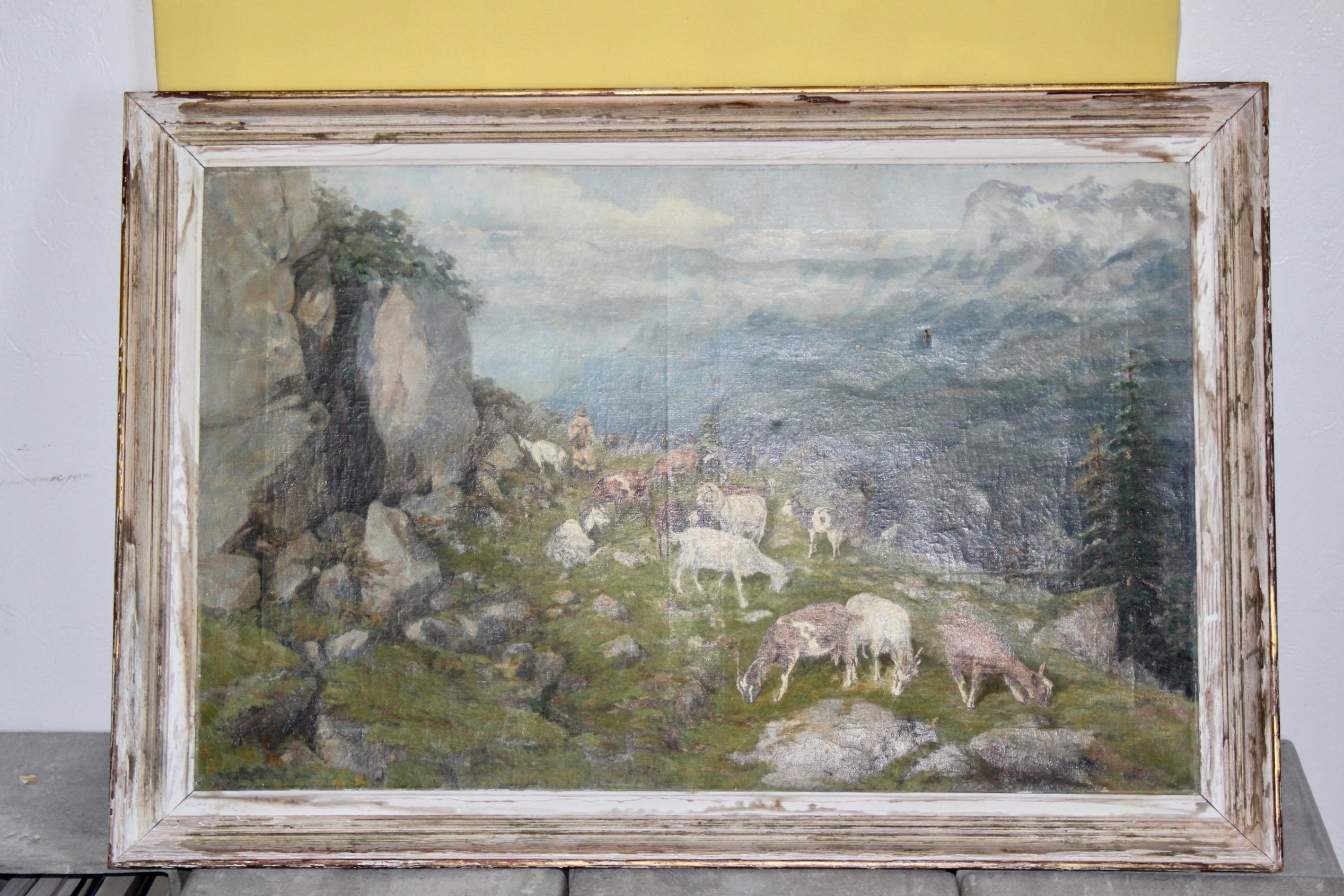 Öl auf Leinwand, das eine Ziegenherde und einen Hirten in den Alpen darstellt, es gibt ein kleines Loch in der Leinwand, siehe Foto, signiert unten links