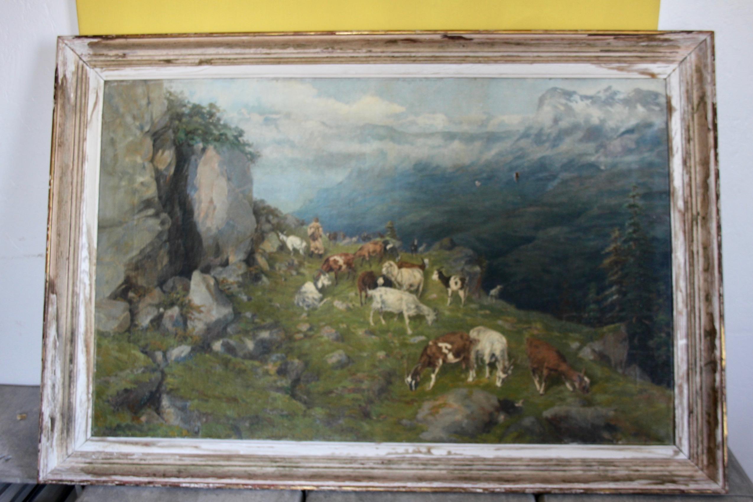 Öl auf Leinwand mit der Darstellung einer Ziegenherde und eines Hirten in den Alpen (Frühes 20. Jahrhundert) im Angebot
