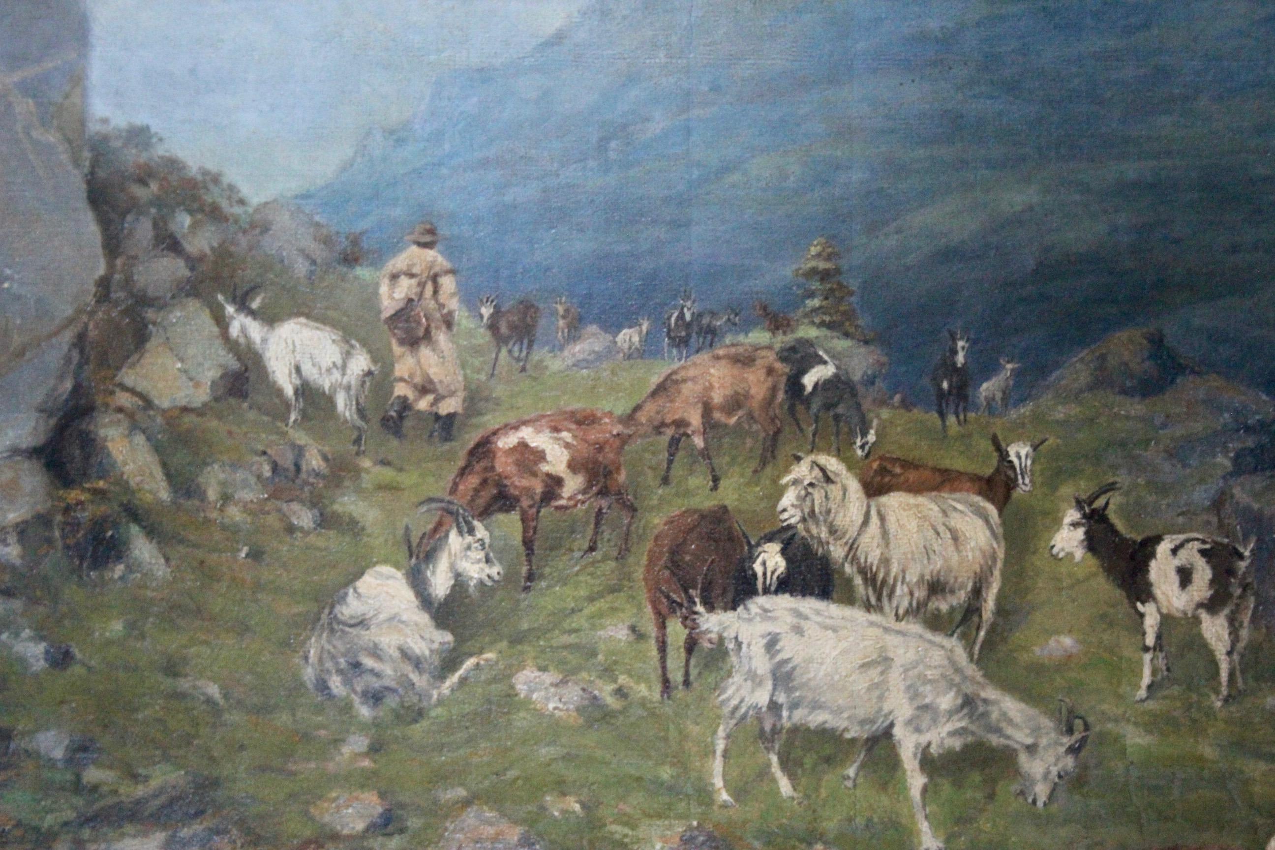 Öl auf Leinwand mit der Darstellung einer Ziegenherde und eines Hirten in den Alpen im Angebot 1