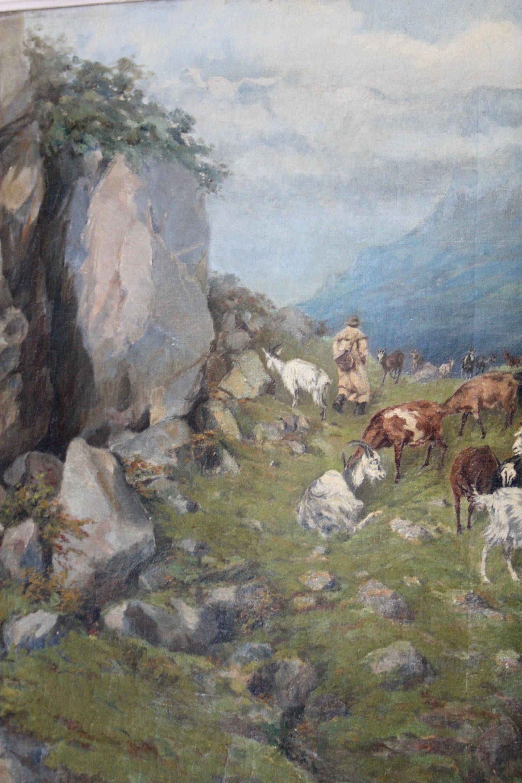 Öl auf Leinwand mit der Darstellung einer Ziegenherde und eines Hirten in den Alpen im Angebot 3