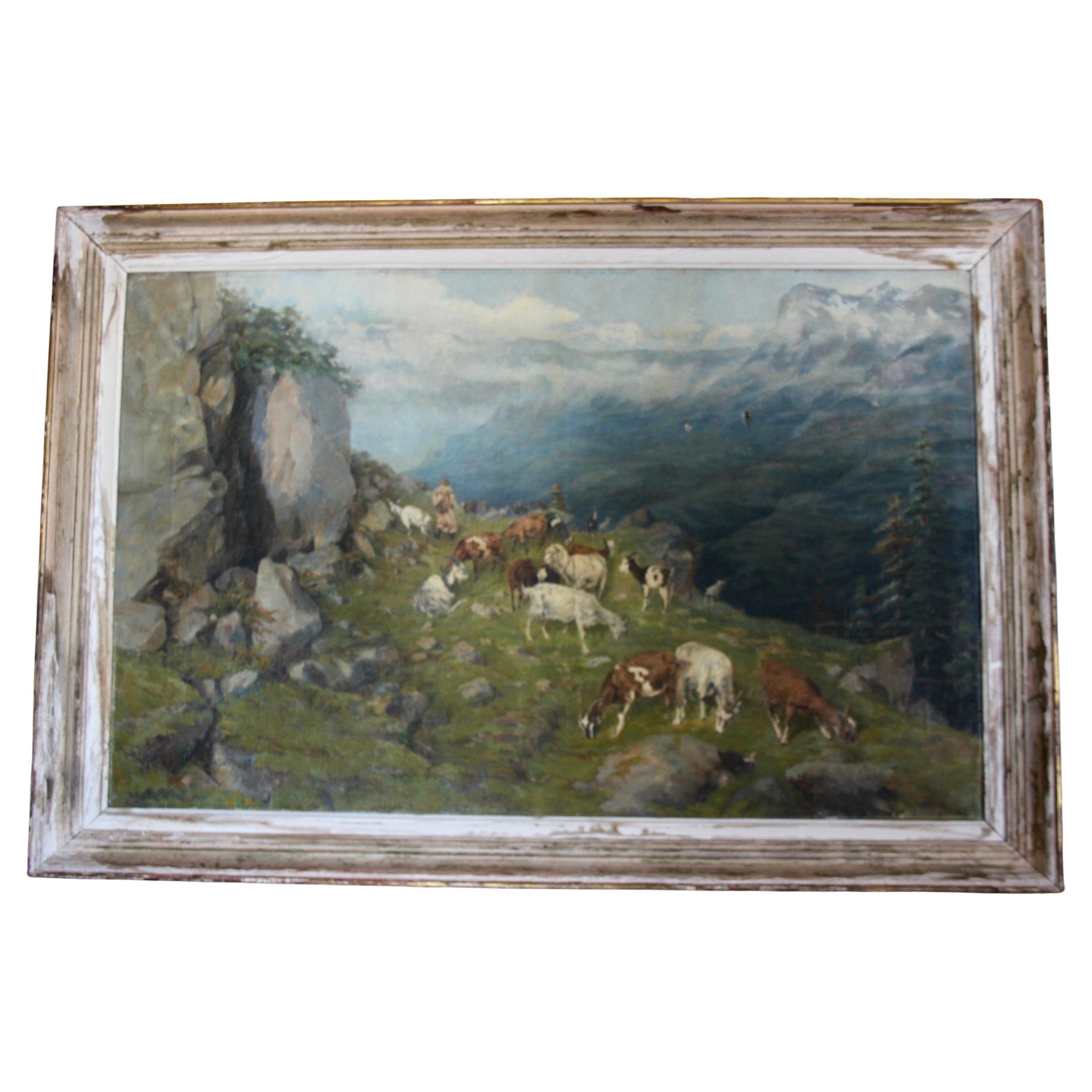 oil on canvas representing a herd of goats and a shepherd in the Alps