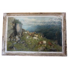 óleo sobre lienzo que representa un rebaño de cabras y un pastor en los Alpes