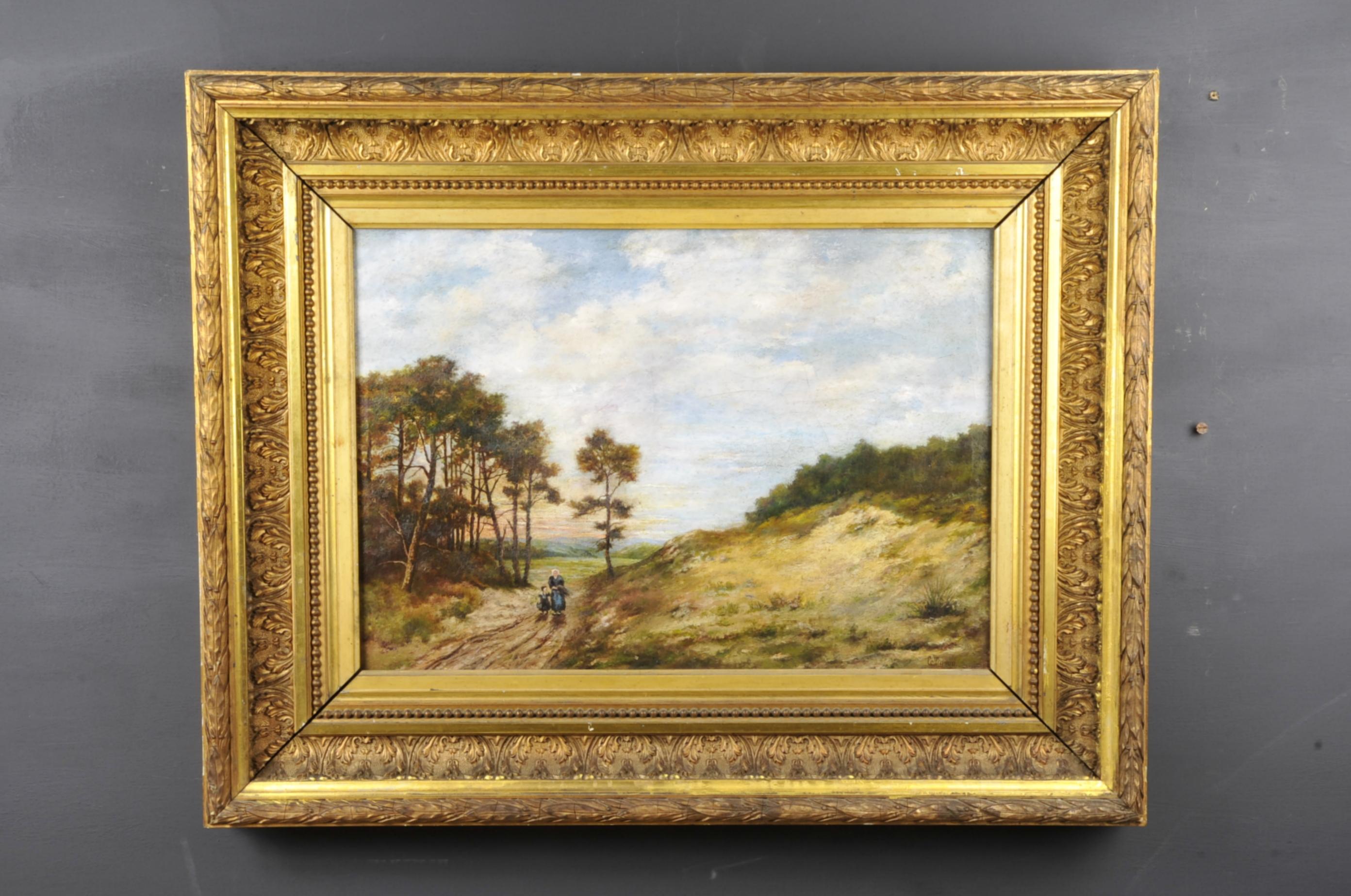 Oil on canvas representing a mother and her child returning to the setting sun, bundle of wood under her arm in a countryside landscape.

Superb and thick original frame in wood and gilded stucco.

Beautiful decorative piece.

Signed Collignon