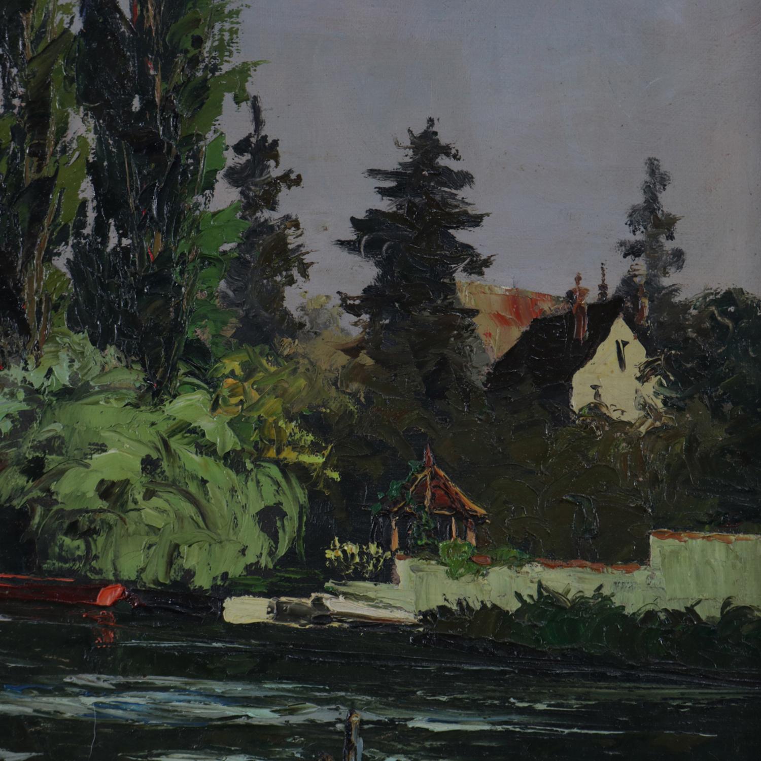 Öl auf Leinwand, Flusslandschaft, Gemälde mit Boot und Haus, 20. Jahrhundert (Handbemalt) im Angebot