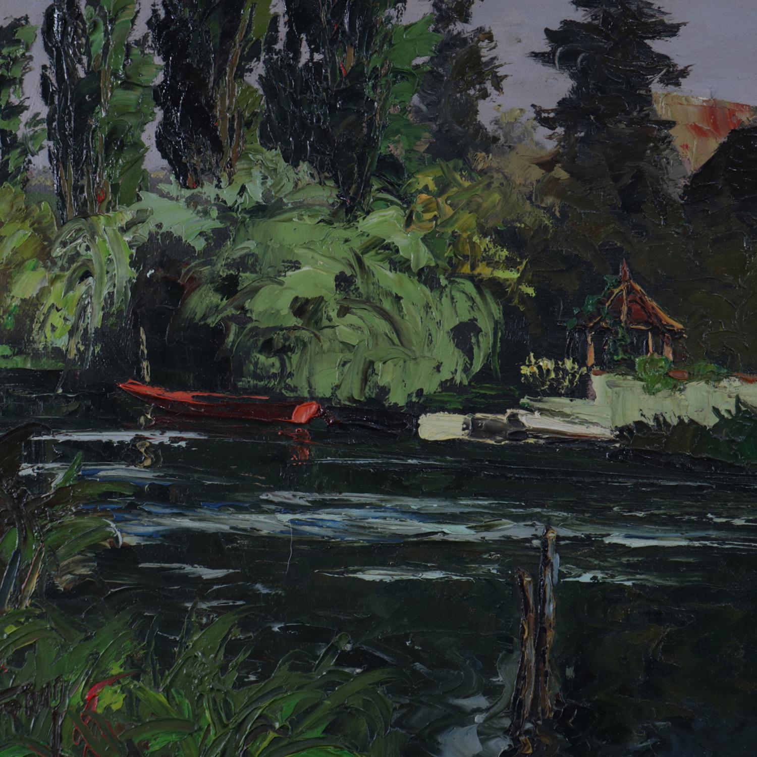 Öl auf Leinwand, Flusslandschaft, Gemälde mit Boot und Haus, 20. Jahrhundert im Zustand „Gut“ im Angebot in Big Flats, NY