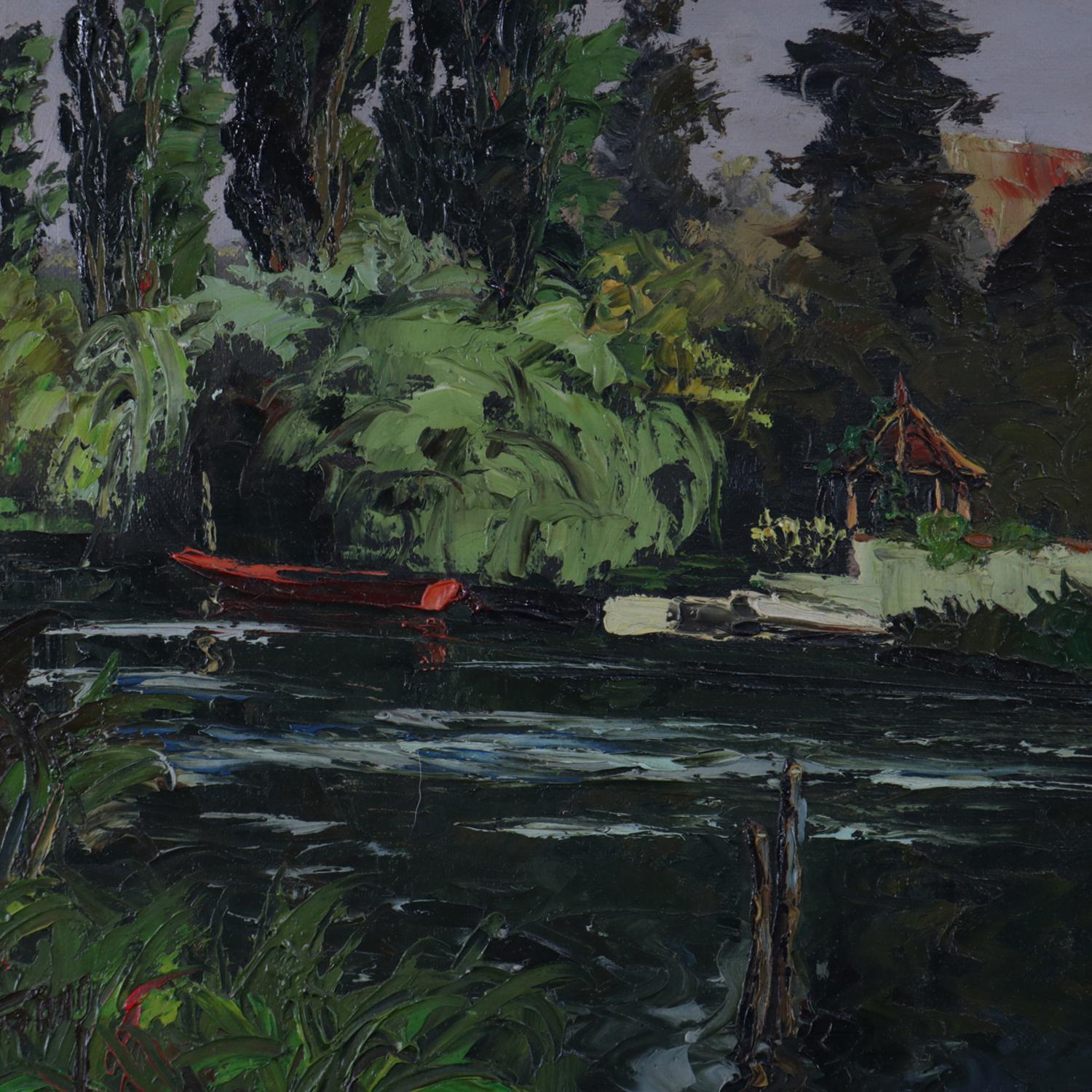 Oil on Canvas Riverscape Painting with Boat and Home, 20th Century In Good Condition For Sale In Big Flats, NY