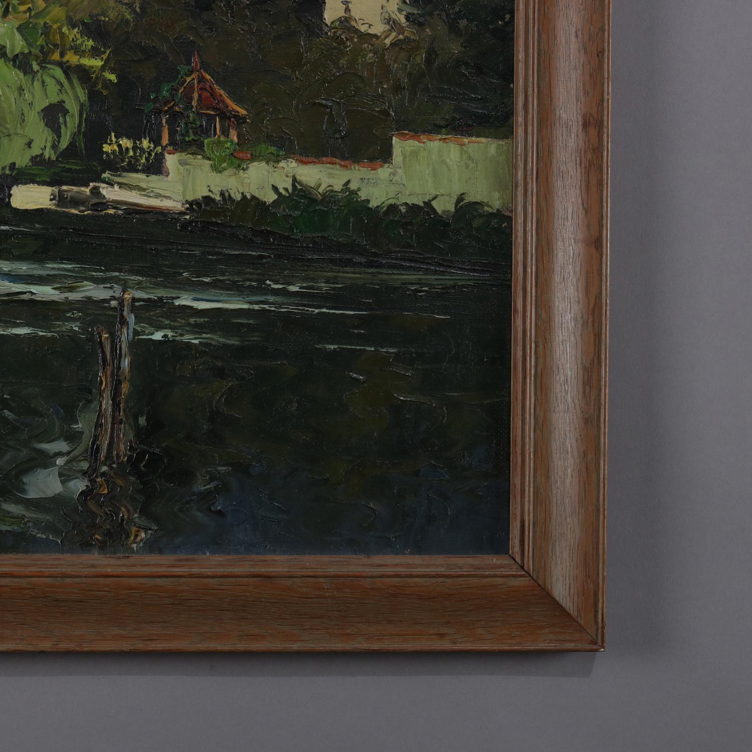 Öl auf Leinwand, Flusslandschaft, Gemälde mit Boot und Haus, 20. Jahrhundert im Angebot 1