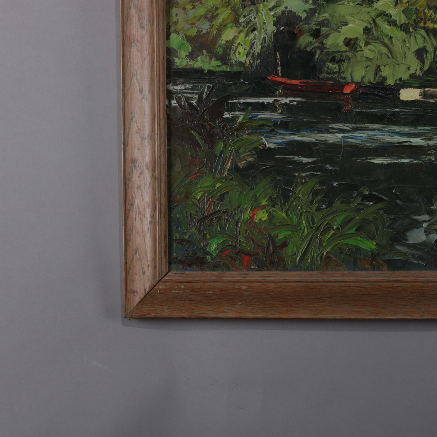 Öl auf Leinwand, Flusslandschaft, Gemälde mit Boot und Haus, 20. Jahrhundert im Angebot 2