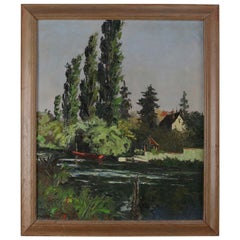 Peinture à l'huile sur toile de paysage fluvial avec bateau et maison, XXe siècle