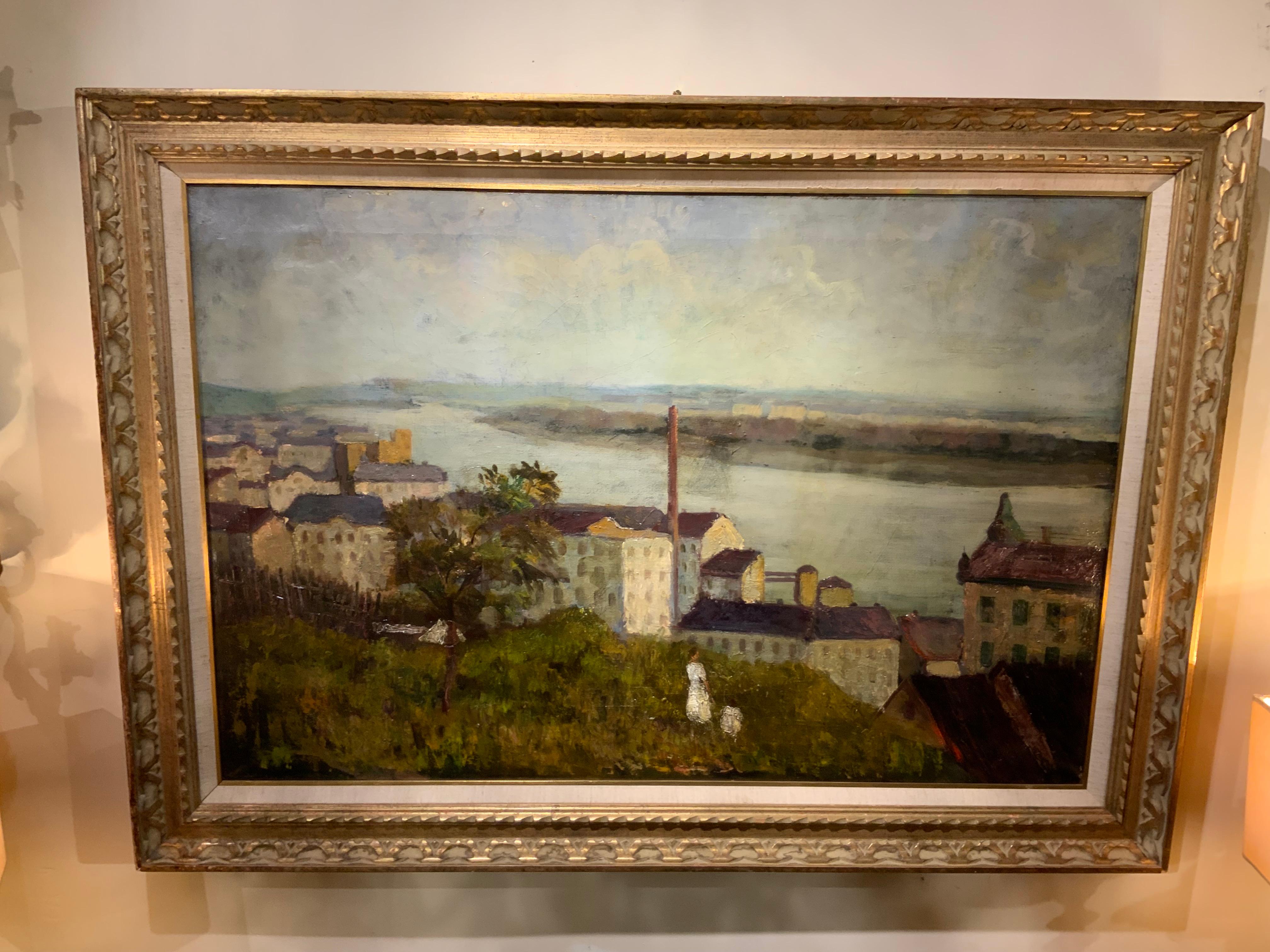 The combination of colors make this piece highly desirable 
And the size is good for overmantels and sideboards.
The artist technique is especially desirable as it evokes
A beautiful countryside scene with a river in the background.