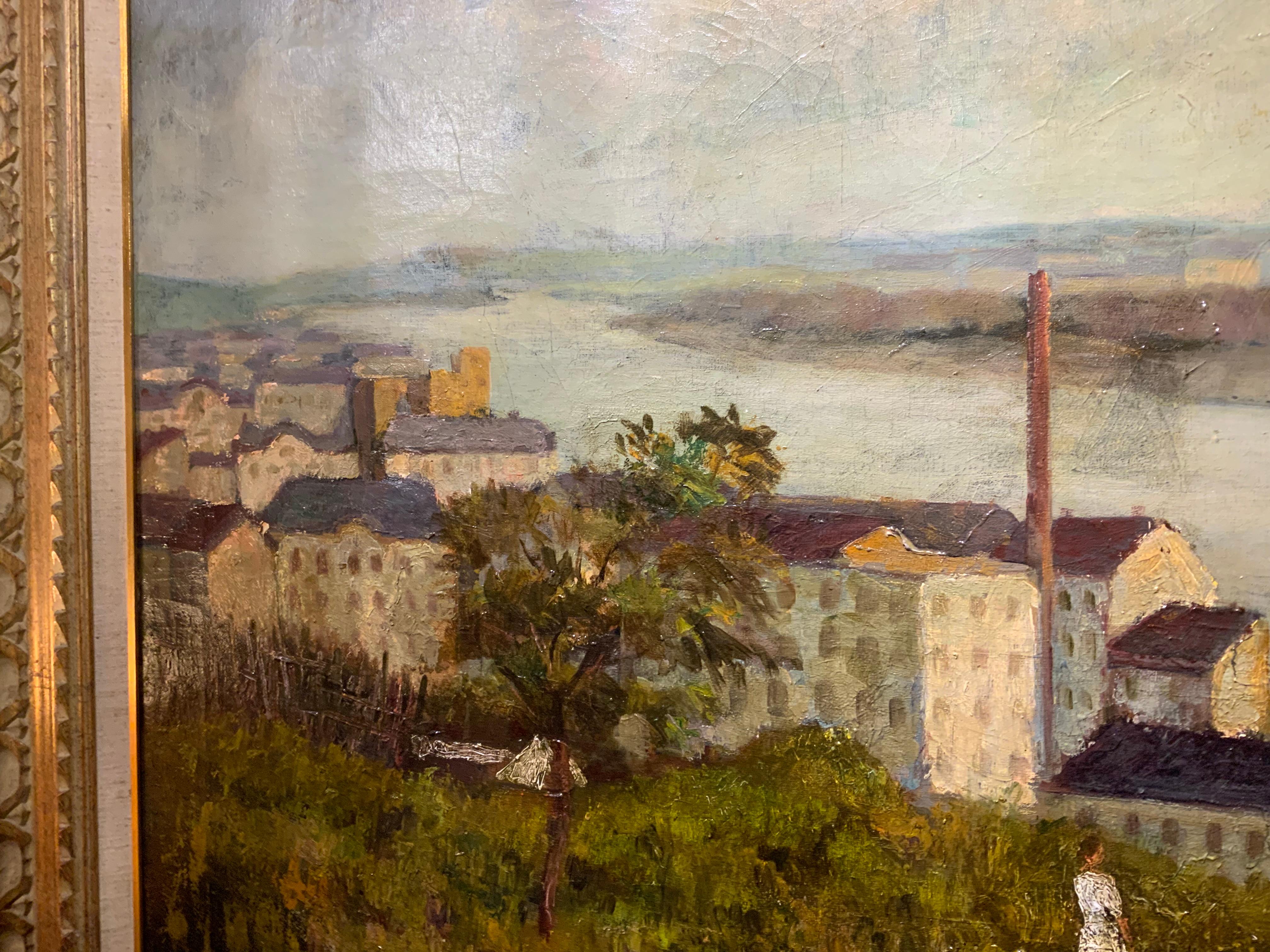 French Oil on canvas  “riverside city” 19th century” For Sale