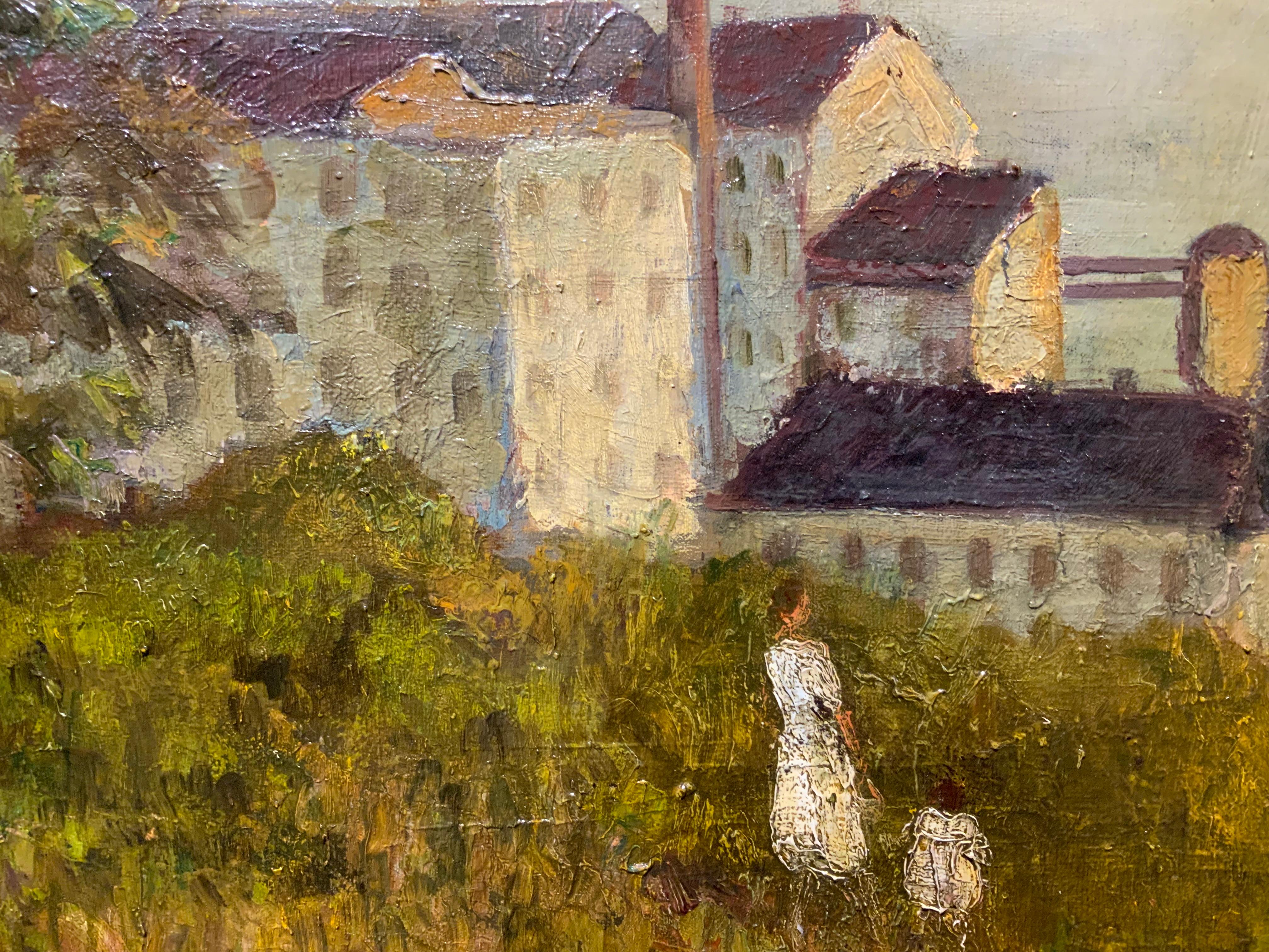 19th Century Oil on canvas  “riverside city” 19th century” For Sale
