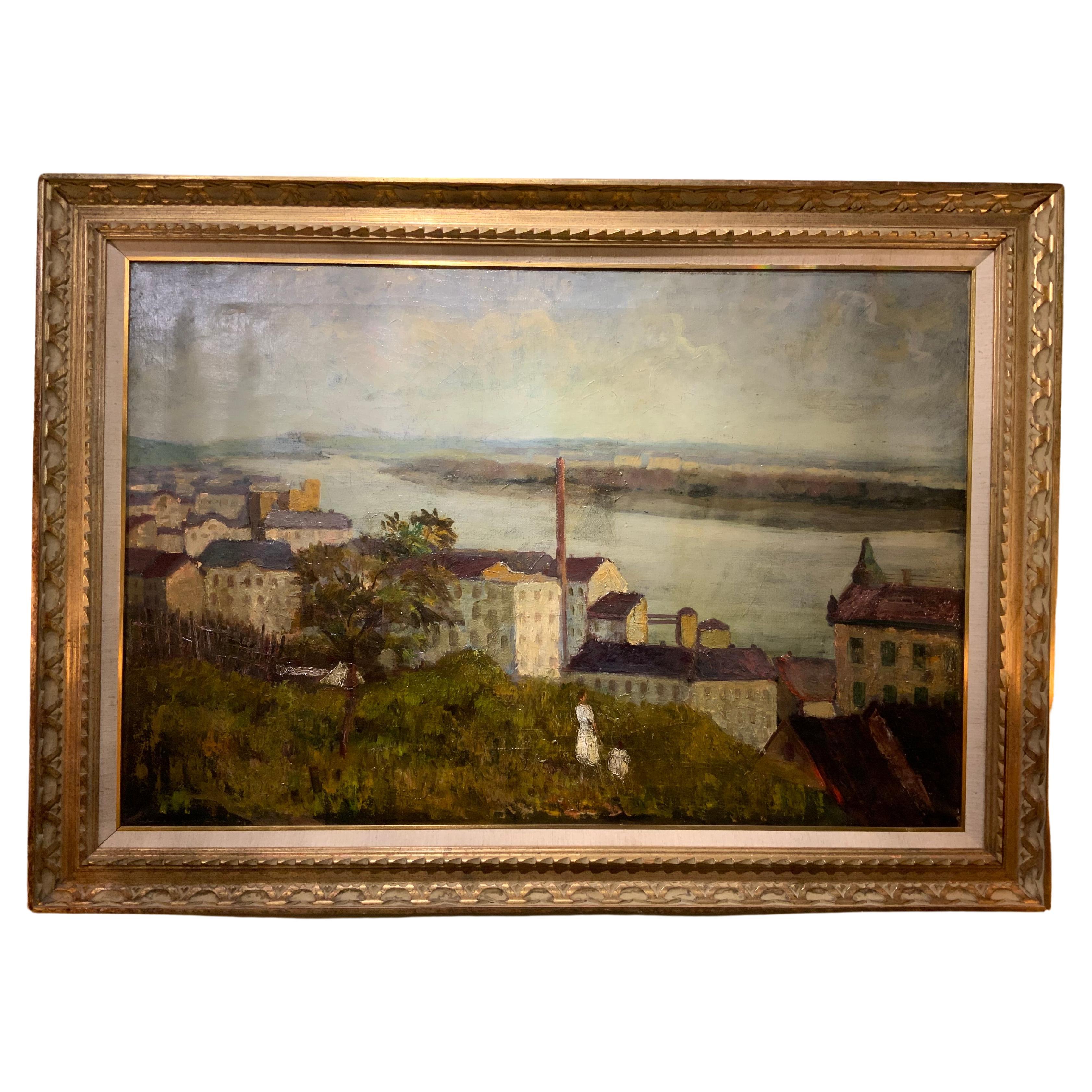 Óleo sobre lienzo  "ciudad ribereña" siglo XIX"