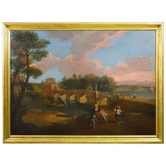 Oil on Canvas, Roman Follower of Paolo Anesi, Landscape with Milvio Bridge