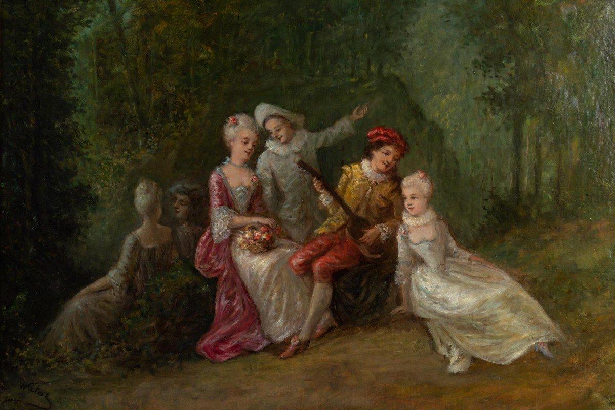 Oil on canvas Romantic scene XIXth century
Oil on canvas of a genre scene with several characters in period costumes
Late 19th century
In a Louis XV style carved and gilded wooden frame
In perfect condition
Measures: Width: 125 cm
Height: 117