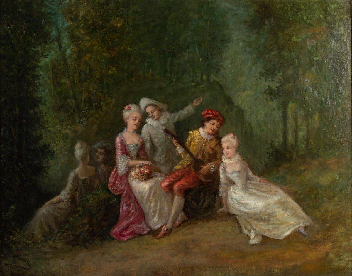 Louis XV Oil on Canvas Romantic Scene XIXth Century