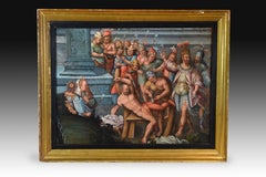 Oil on Canvas, sacrifice of soldiers of Hernán Cortés, colonial sch 17th Century