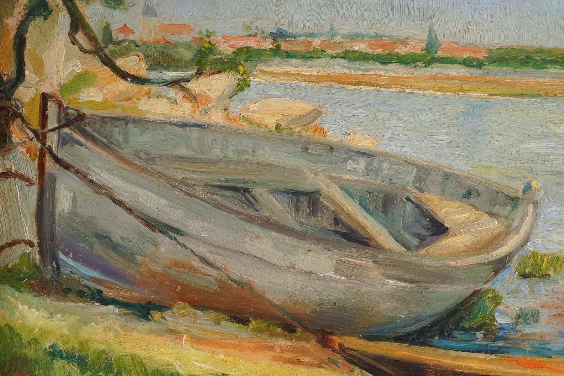 Painting on the theme of the countryside at the water's edge, depicting a boat moored on the shore and two children drying off after taking a bath and drying off in the sun.
Oil on canvas signed by Dante Donzelli lower left.

Dante Donzelli: