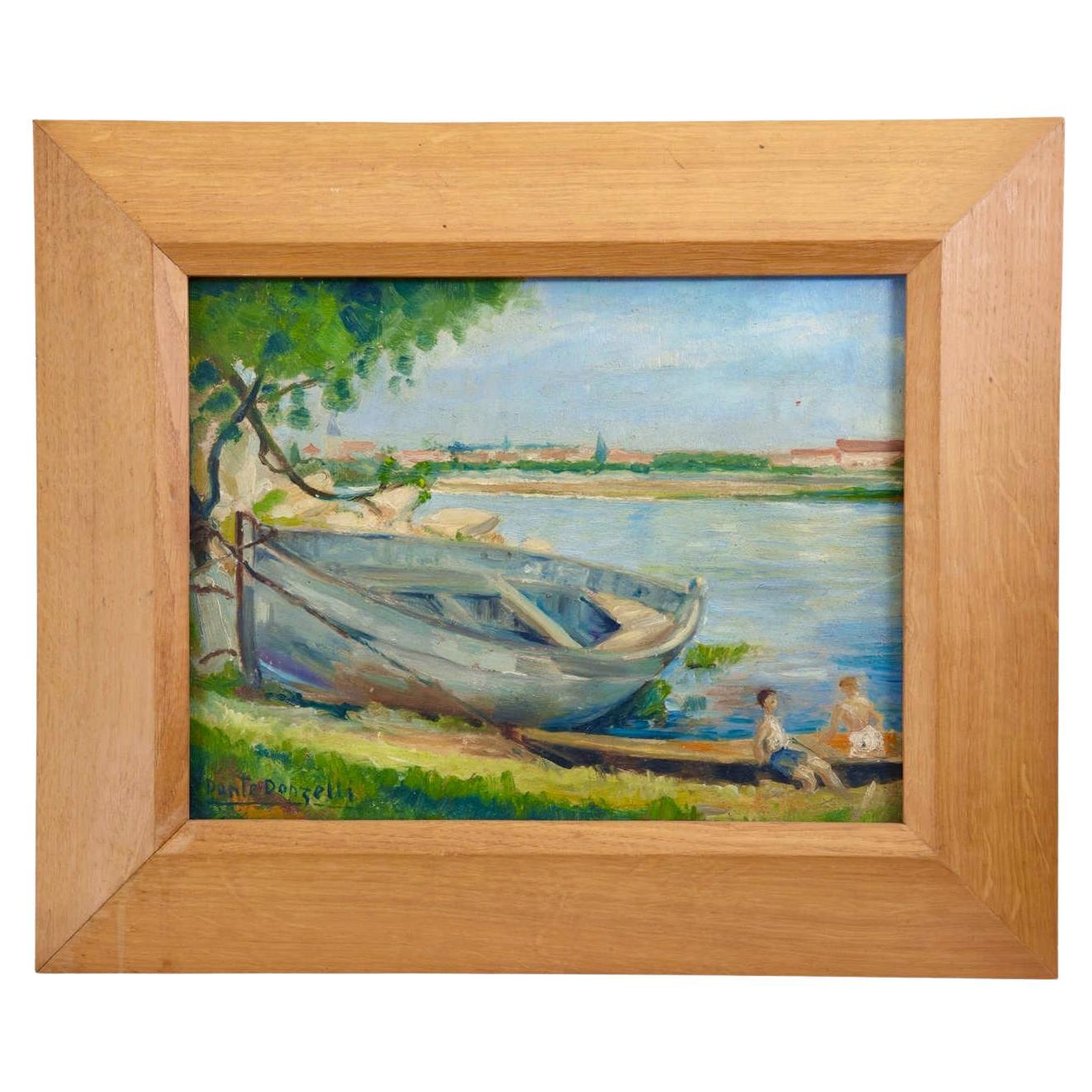 Huile sur toile "Scène champêtre au bord de l'eau" par Dante Donzelli, début 20e s en vente