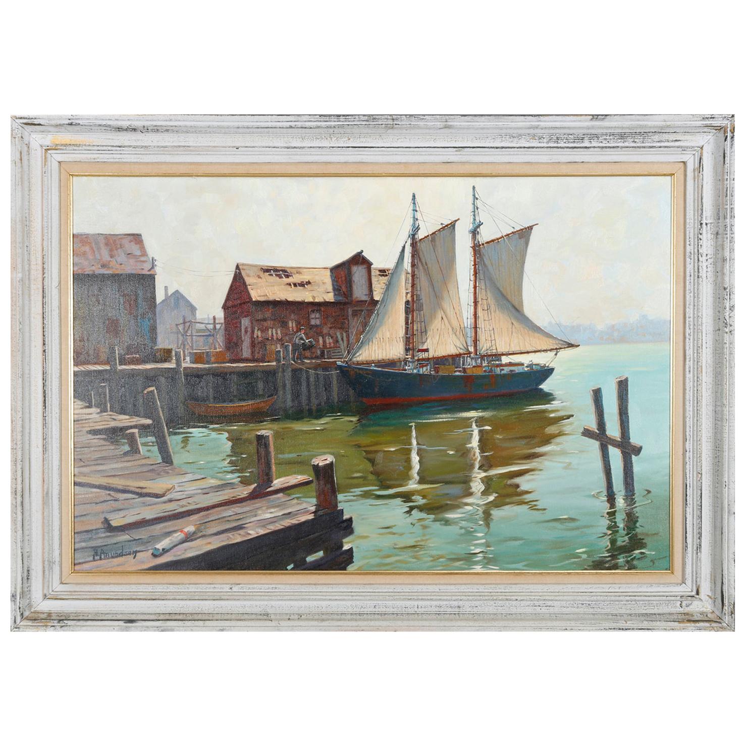 Oil on Canvas Seascape with Boats of Sag Harbor, NY, Artist Signed, circa 1973