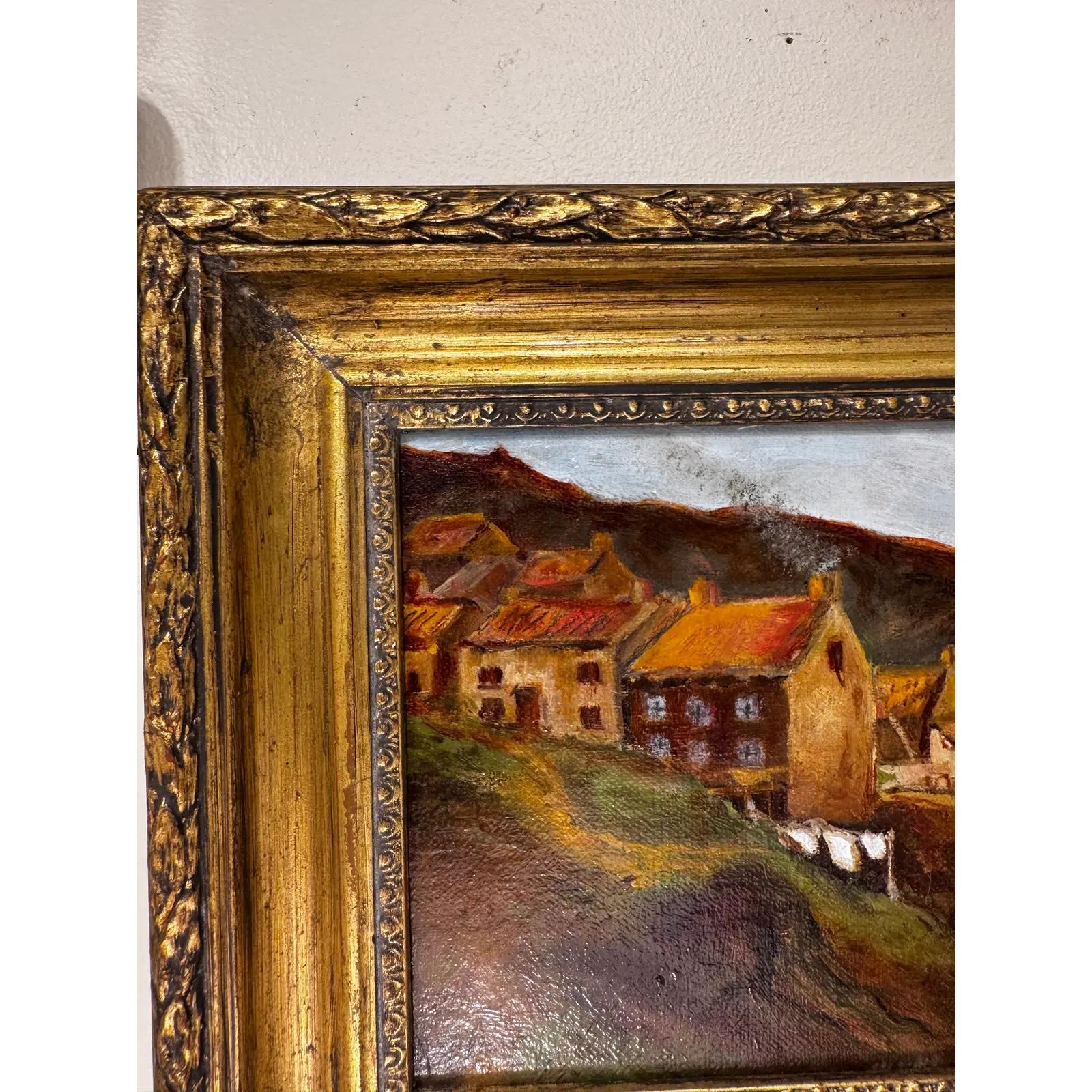 19th Century Oil on Canvas Seaside English Village For Sale