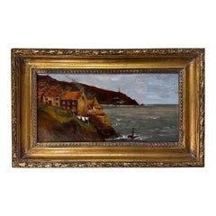 Antique Oil on Canvas Seaside English Village