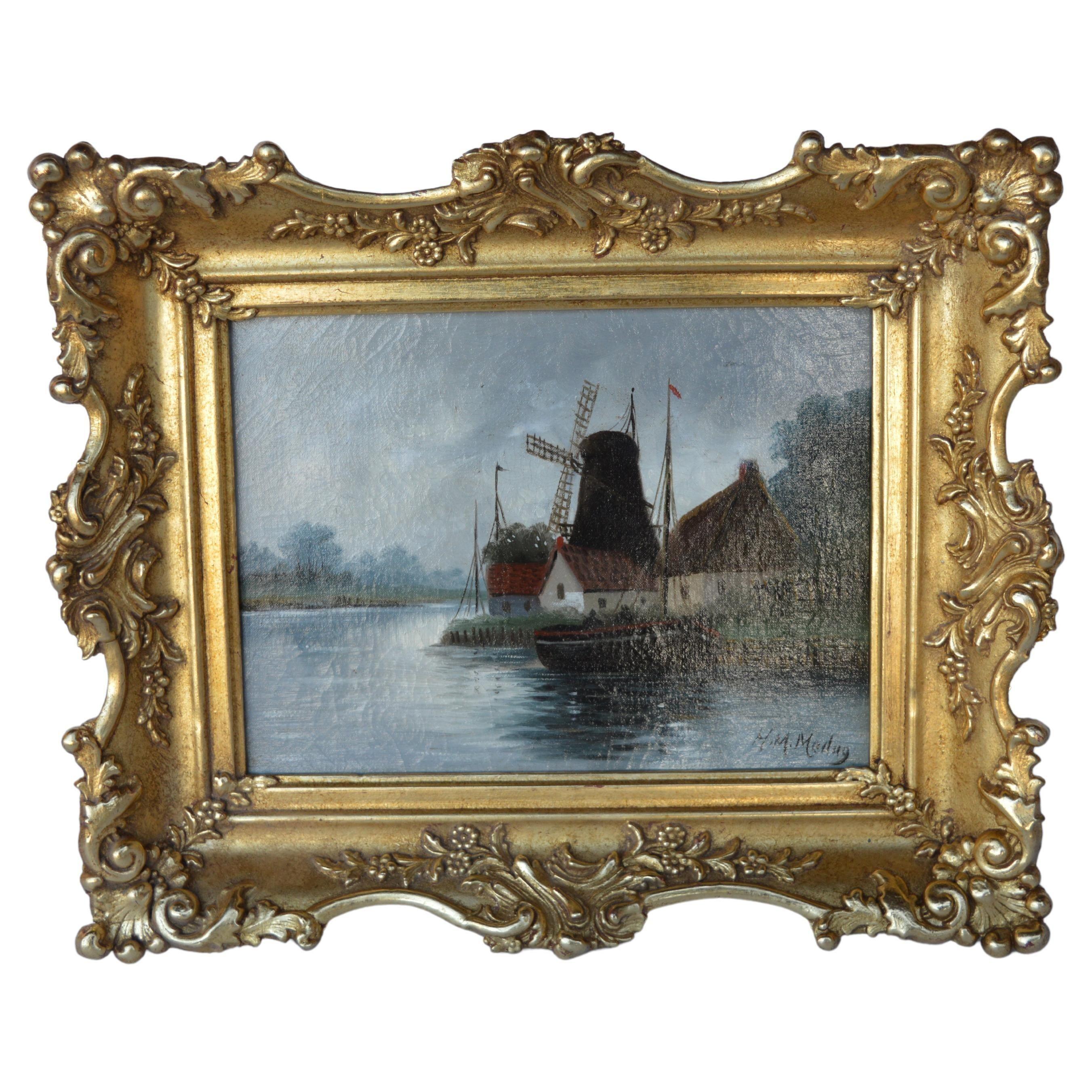Oil on Canvas Set of Paintings in Wood Gold Gilded Frames In Good Condition For Sale In Los Angeles, CA