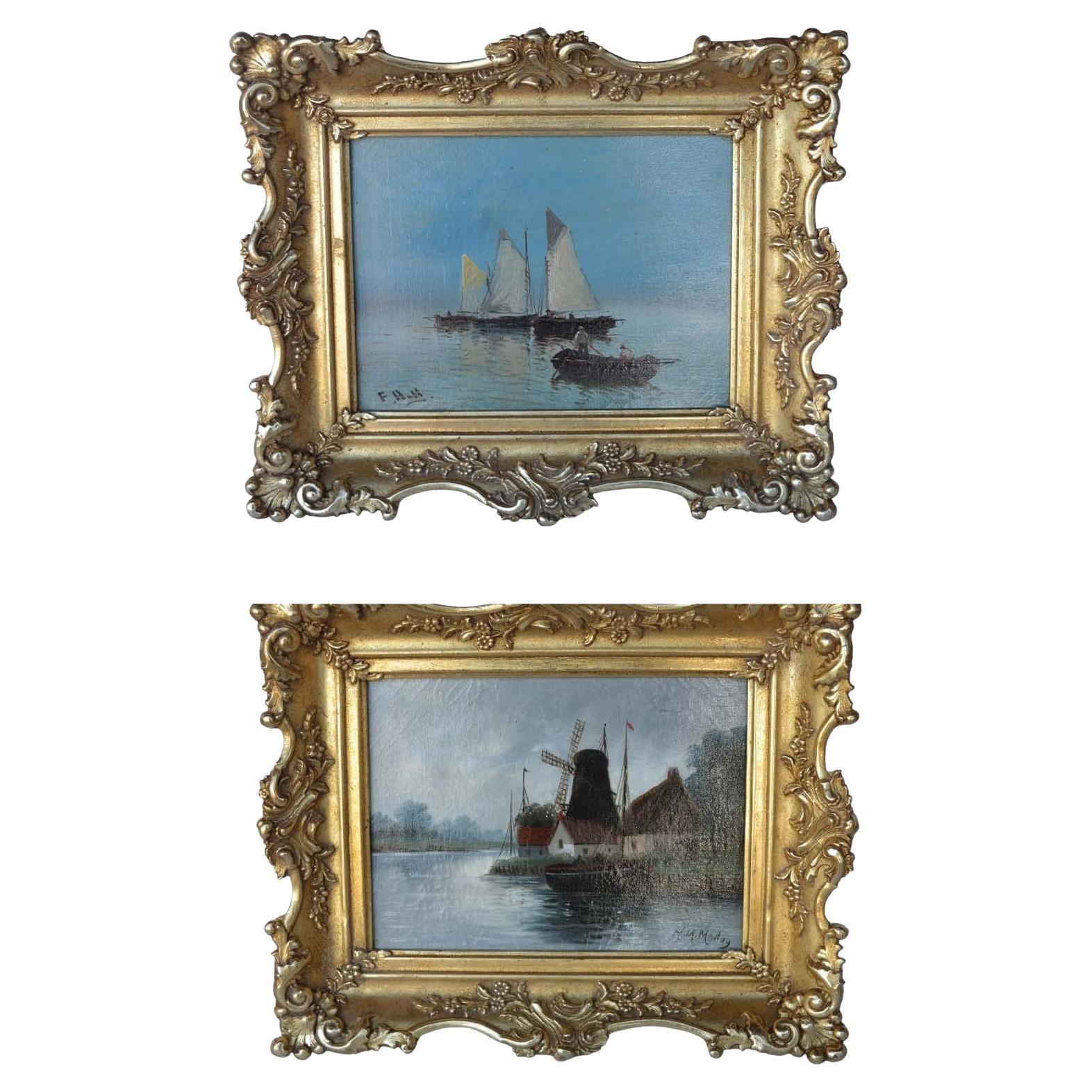 Oil on Canvas Set of Paintings in Wood Gold Gilded Frames